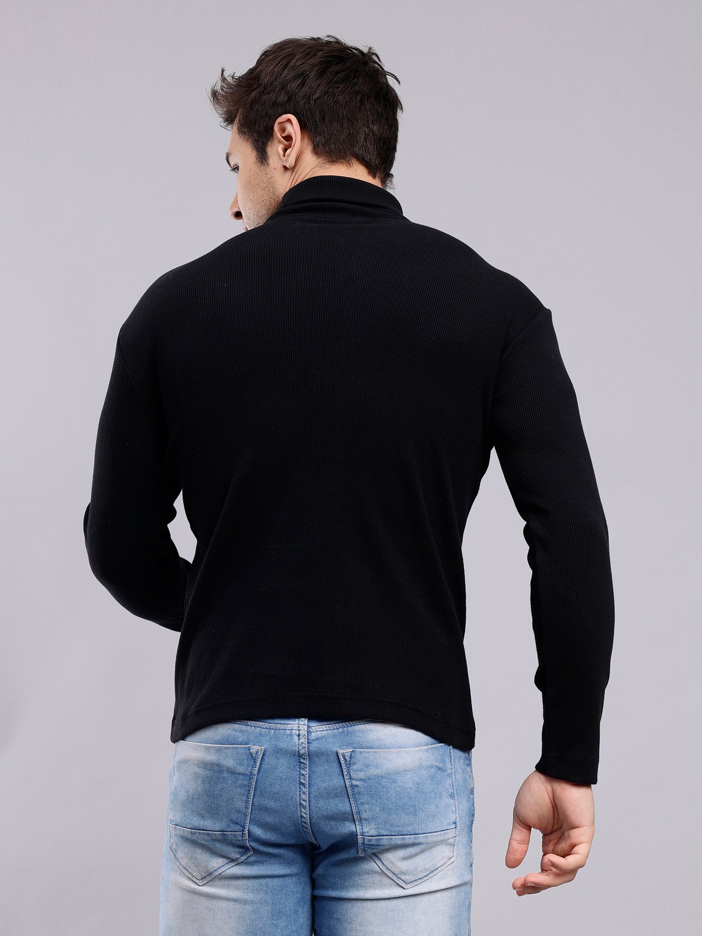 NUEVOSPORTA Mens Solid Black Turtle Neck Rib Sweater | Basic High Neck Sweater | Plain Jumper