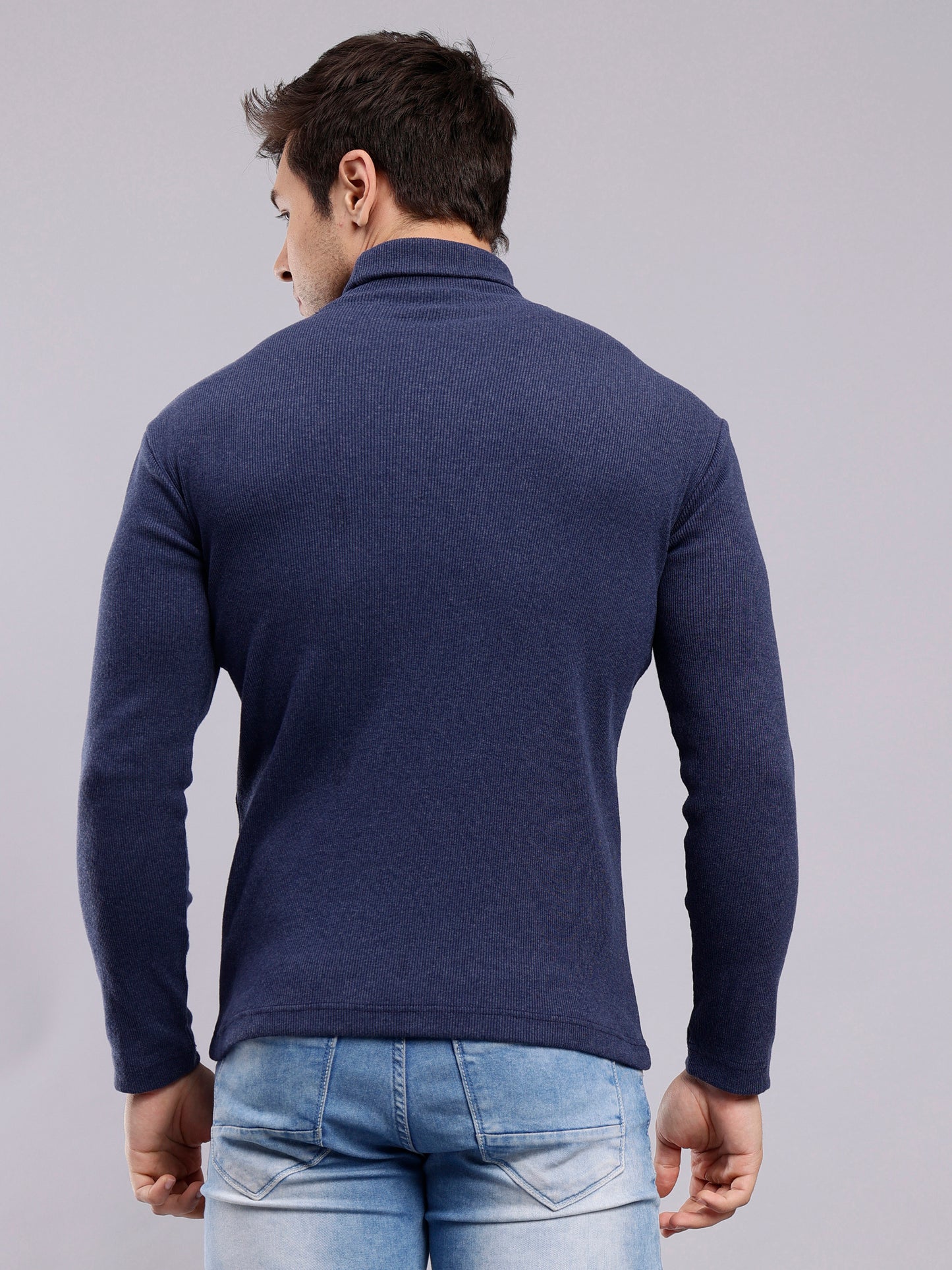NUEVOSPORTA Mens Solid Blue Turtle Neck Rib Sweater | Basic High Neck Sweater | Plain Jumper