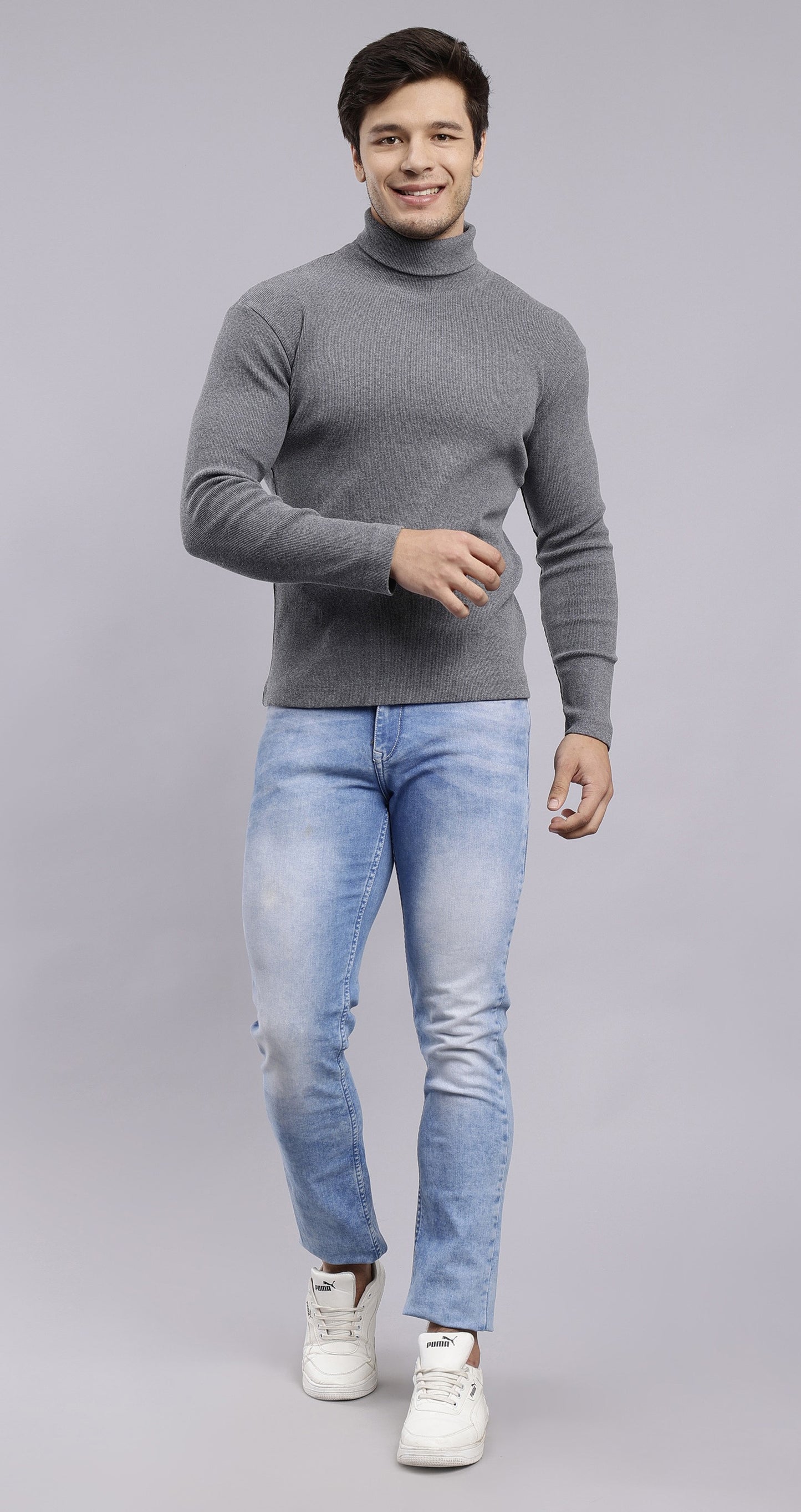 NUEVOSPORTA Mens Melange Charcoal Grey Turtle Neck Rib Sweater | Basic High Neck Sweater | Plain Jumper
