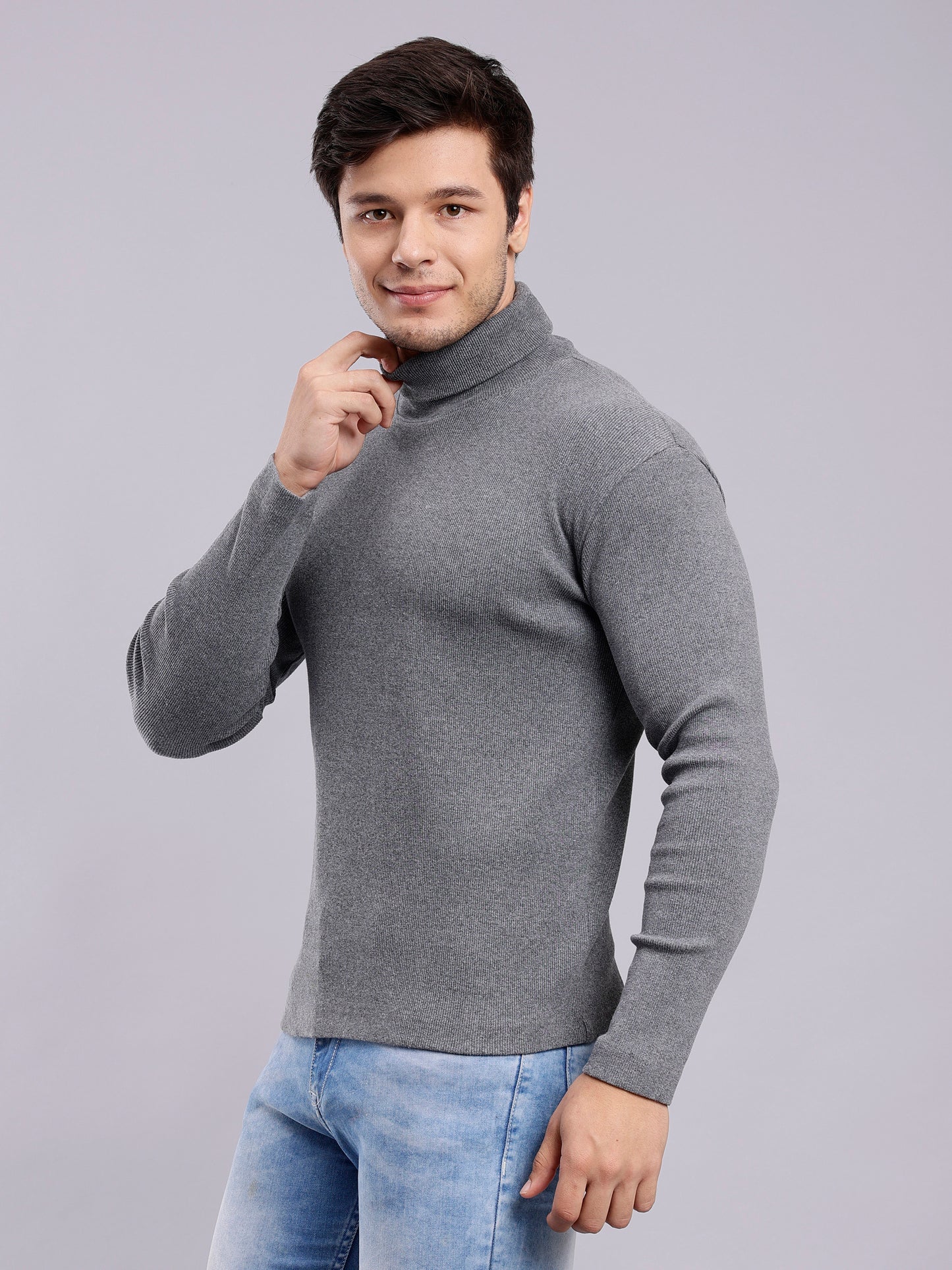 NUEVOSPORTA Mens Melange Charcoal Grey Turtle Neck Rib Sweater | Basic High Neck Sweater | Plain Jumper