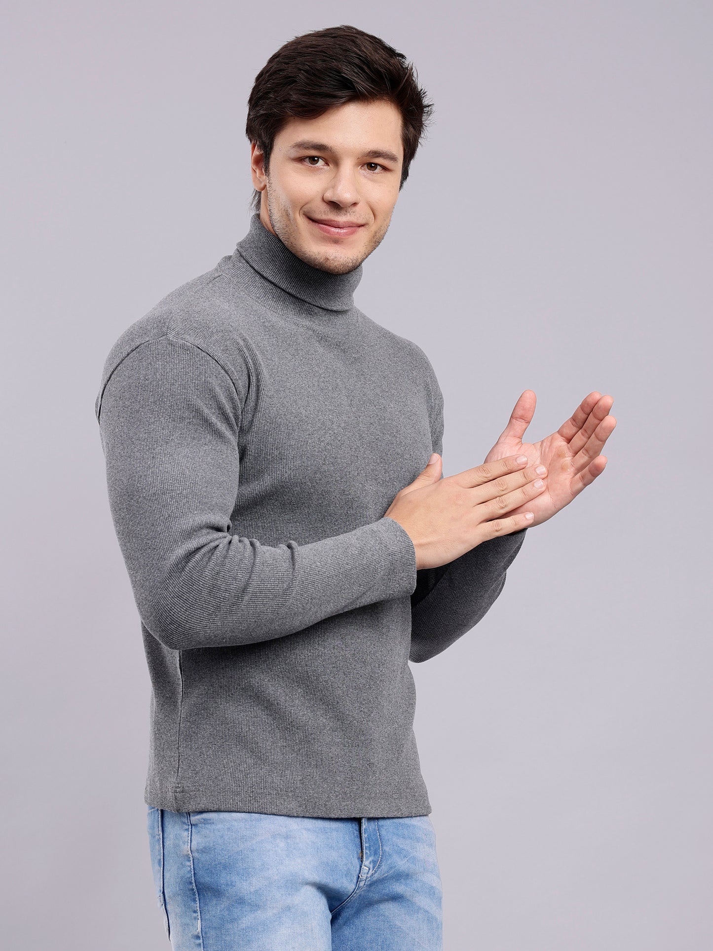 NUEVOSPORTA Mens Melange Charcoal Grey Turtle Neck Rib Sweater | Basic High Neck Sweater | Plain Jumper