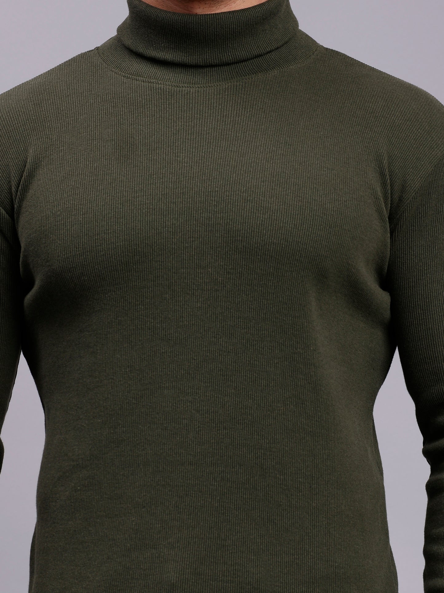 Mens Solid Olive Turtle Neck Rib Sweater | Basic High Neck Sweater | Plain Jumper