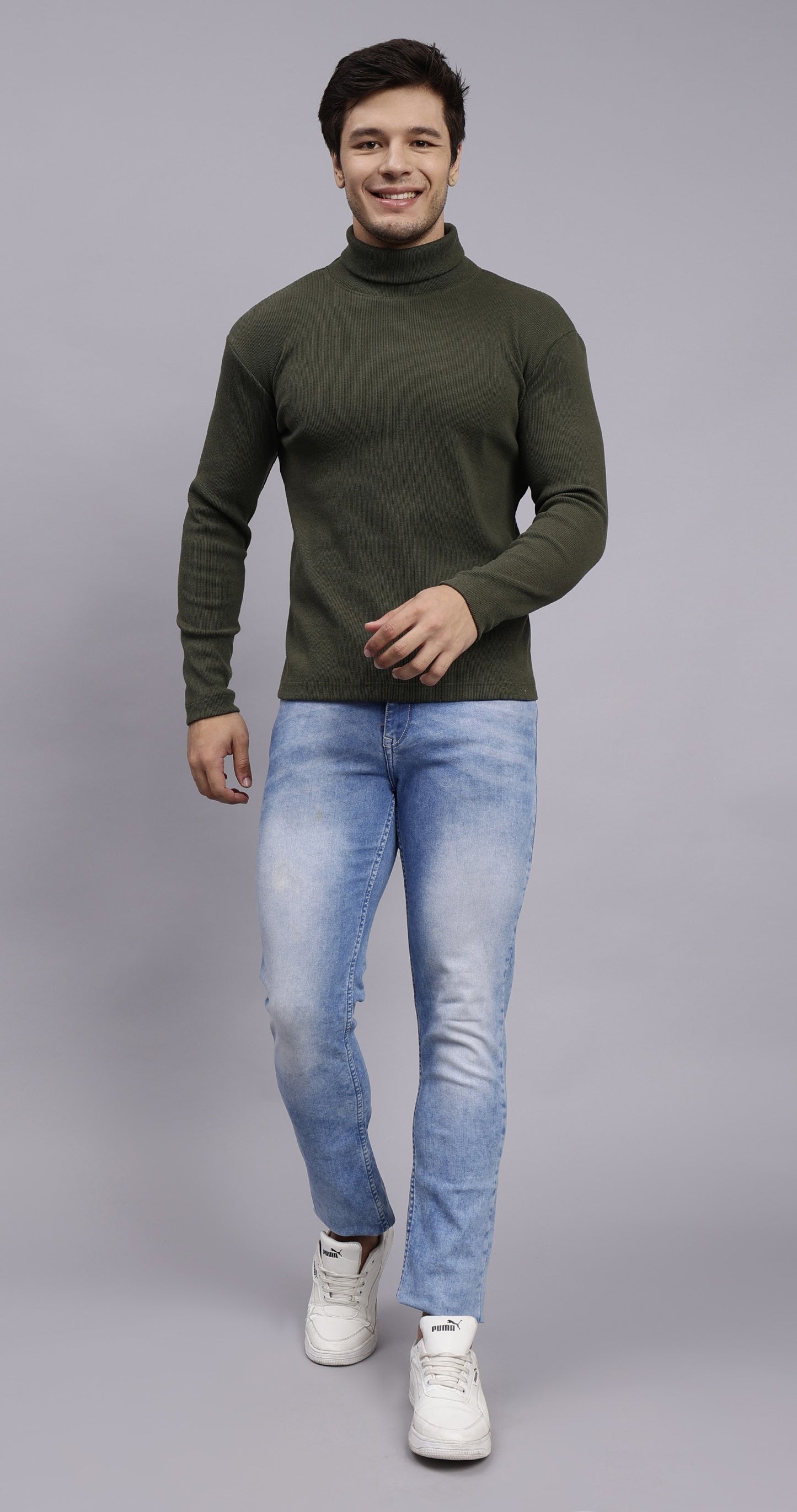 Mens Solid Olive Turtle Neck Rib Sweater | Basic High Neck Sweater | Plain Jumper