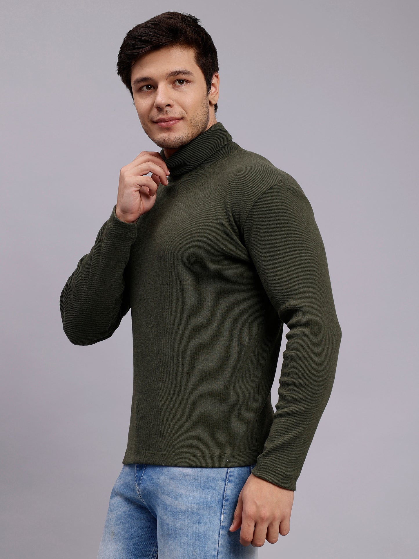 Mens Solid Olive Turtle Neck Rib Sweater | Basic High Neck Sweater | Plain Jumper
