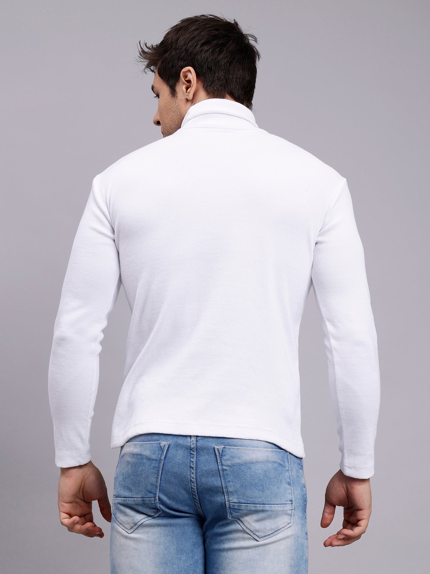 Mens Solid White Turtle Neck Rib Sweater | Basic High Neck Sweater | Plain Jumper