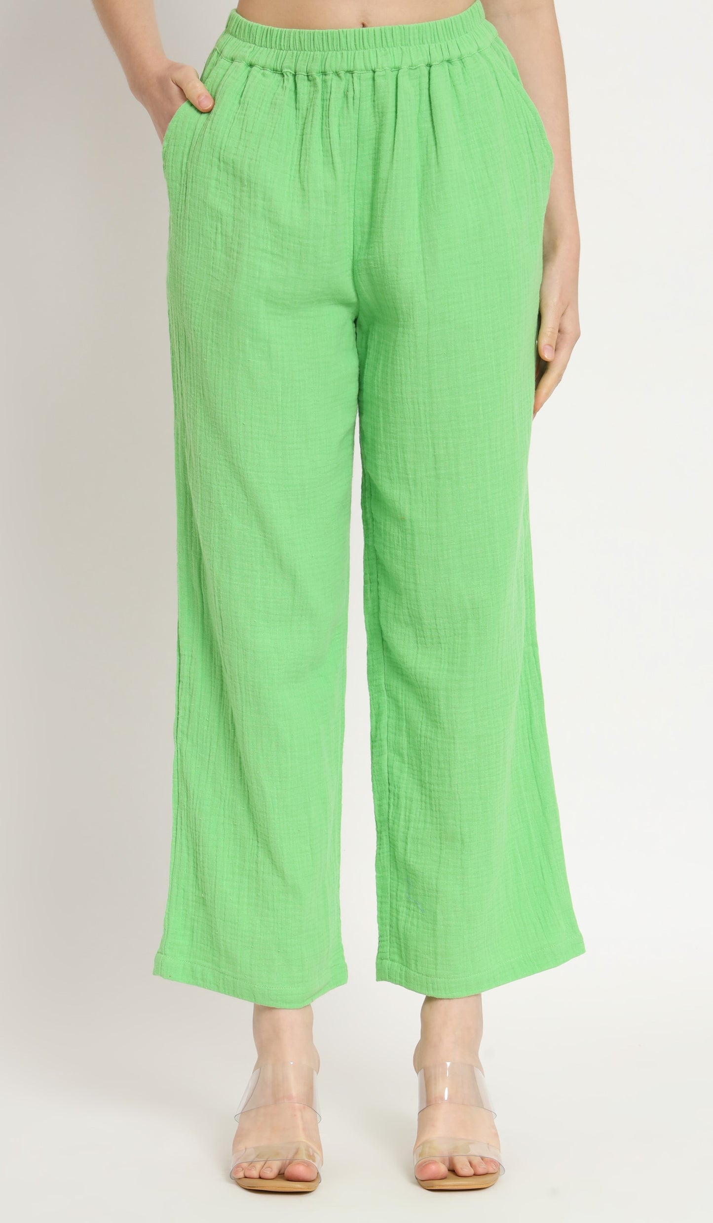 NUEVOSDAMAS Women Pure Cotton Muslin Solid Lime Shirt & Trousers co-ord Set