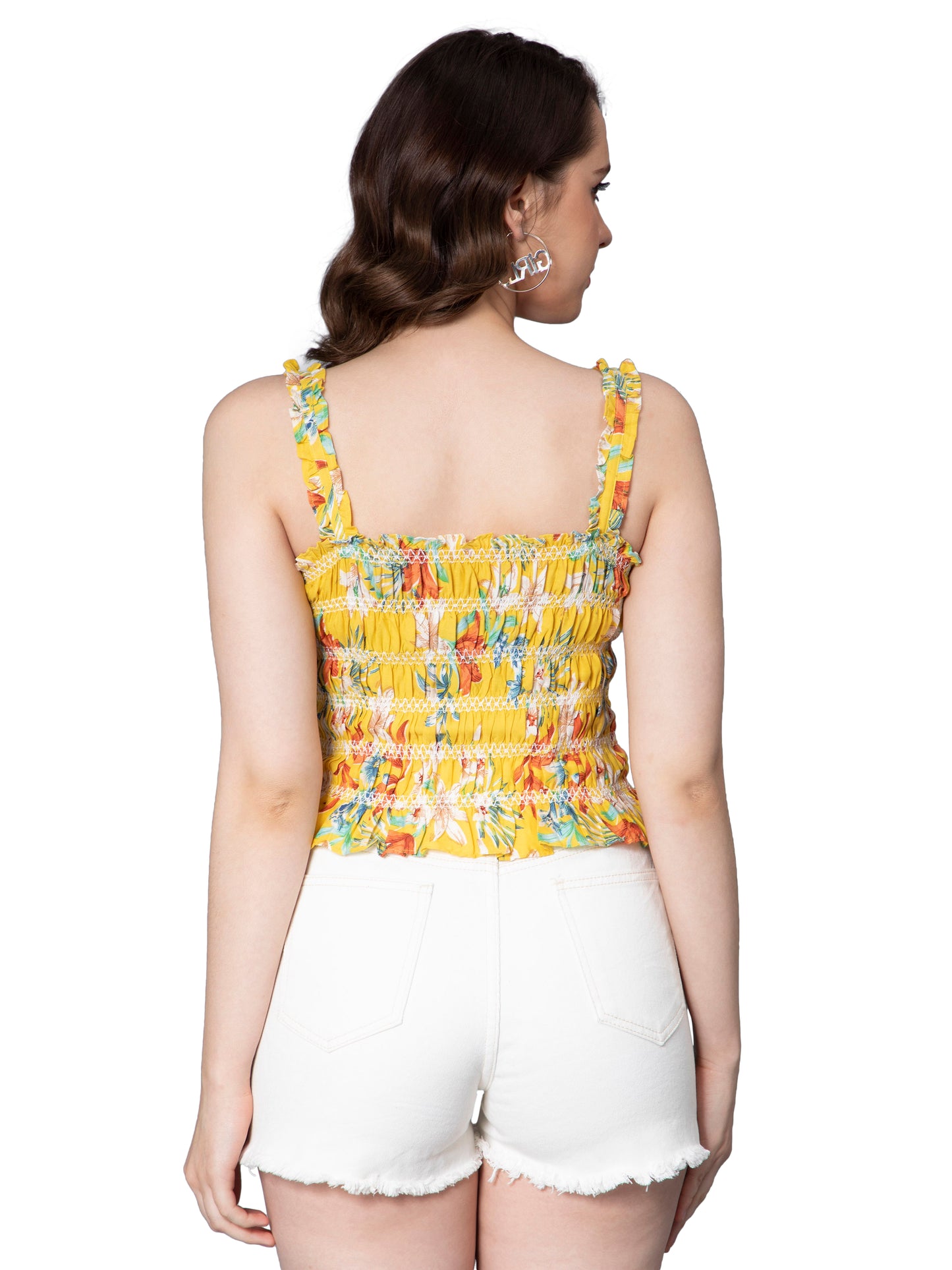 NUEVOSDAMAS Women Floral Printed Smocking top - Yellow/Multi