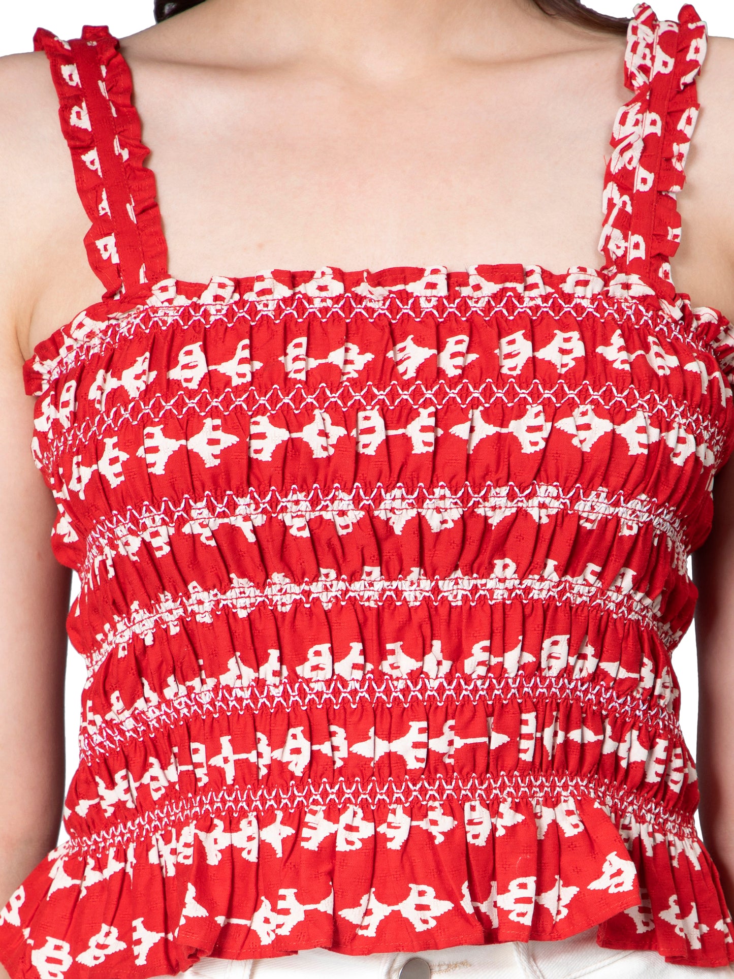 NUEVOSDAMAS Women Damask Printed Smocking Top - Red/Multi