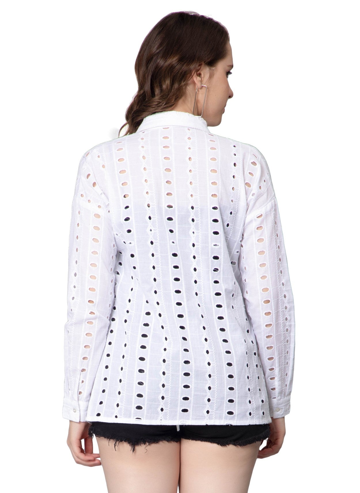 NUEVOSDAMAS Women Pure Cotton Self Design Schiffli Embroidered Shirt White