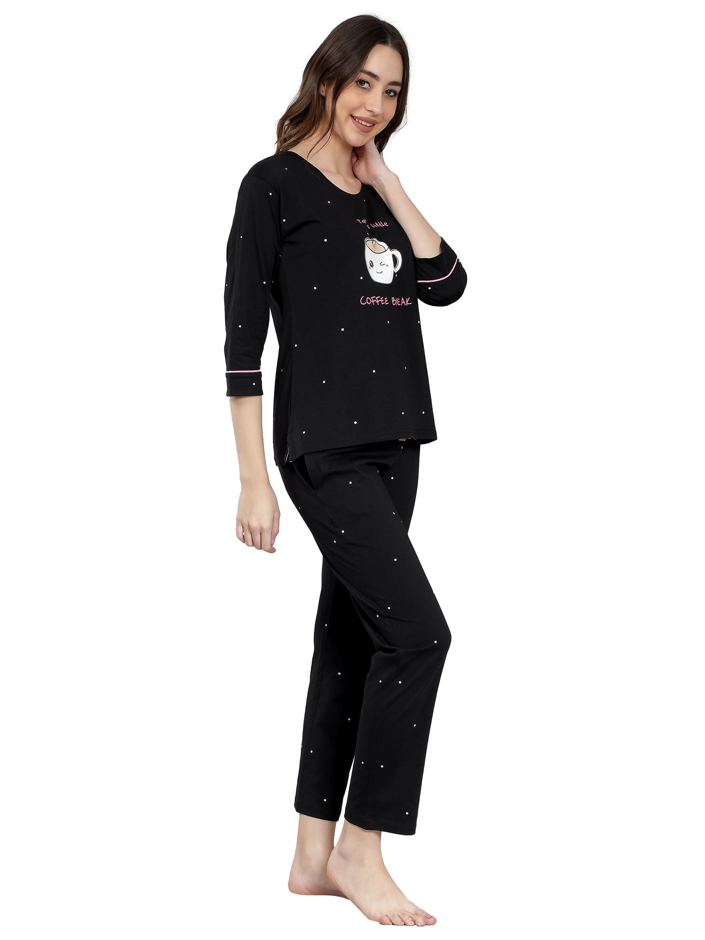NUEVOSDAMAS Women Cotton Jersey Printed Night Suit | Set of Two Black