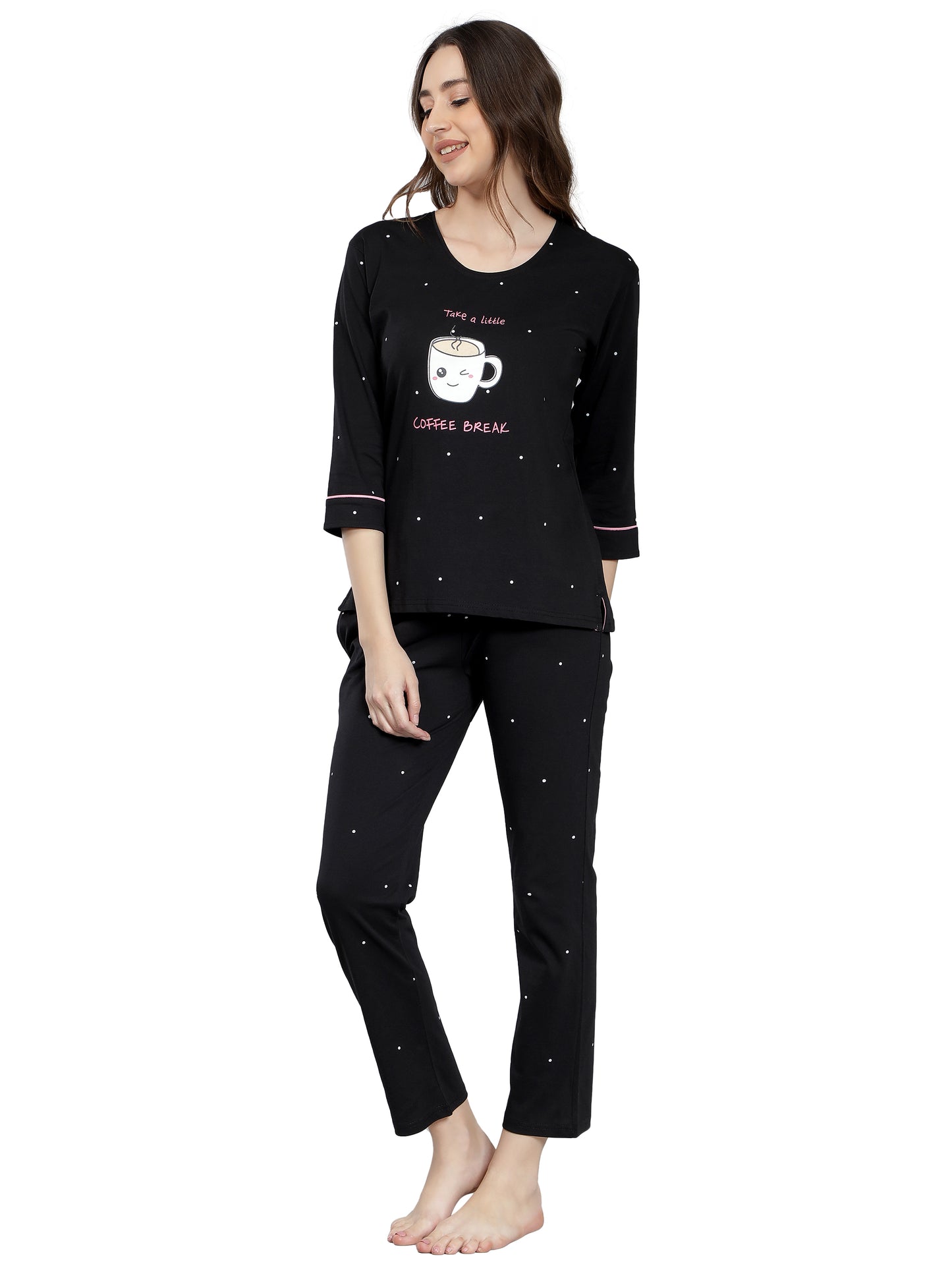 NUEVOSDAMAS Women Cotton Jersey Printed Night Suit | Set of Two Black