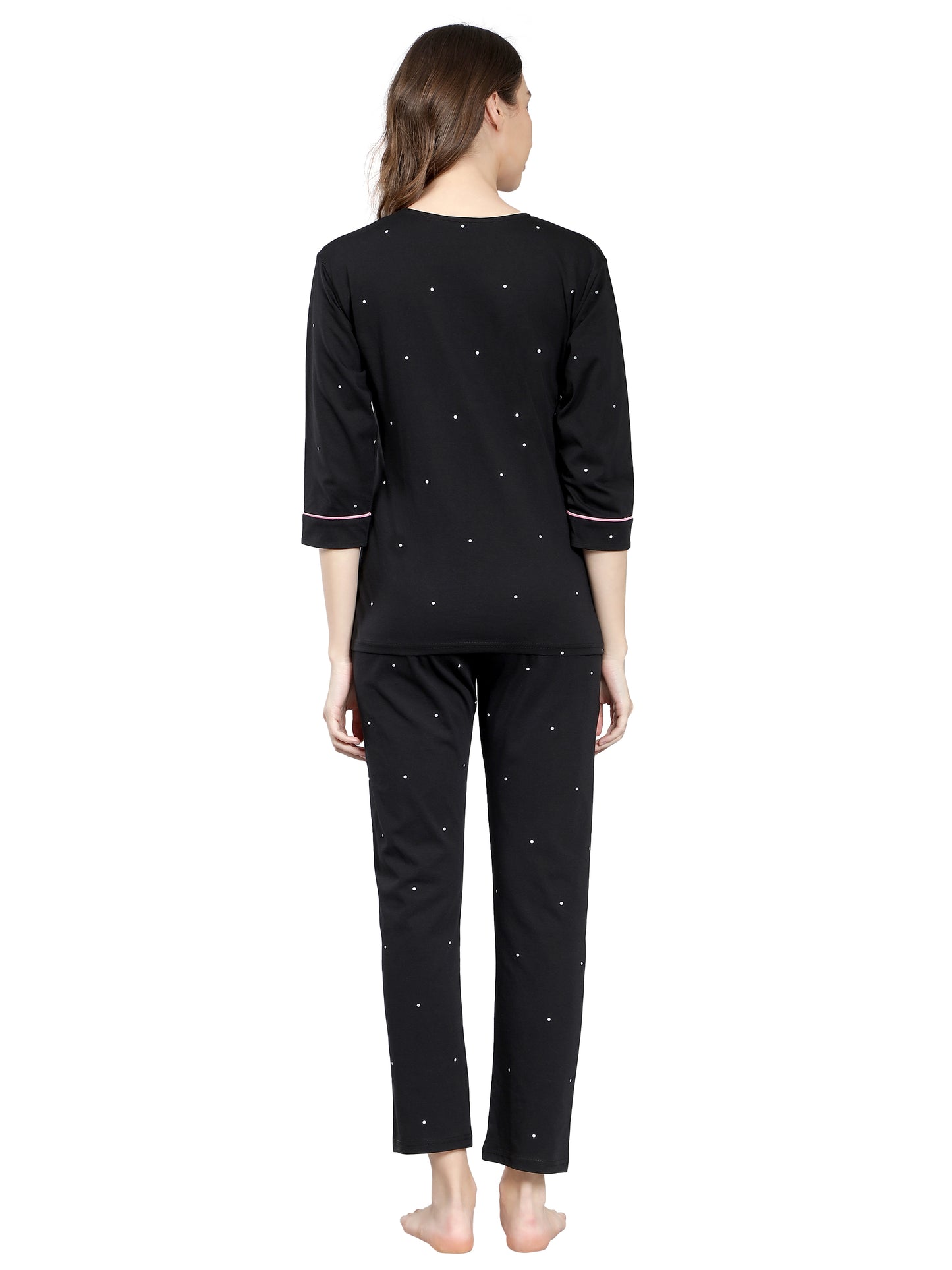 NUEVOSDAMAS Women Cotton Jersey Printed Night Suit | Set of Two Black