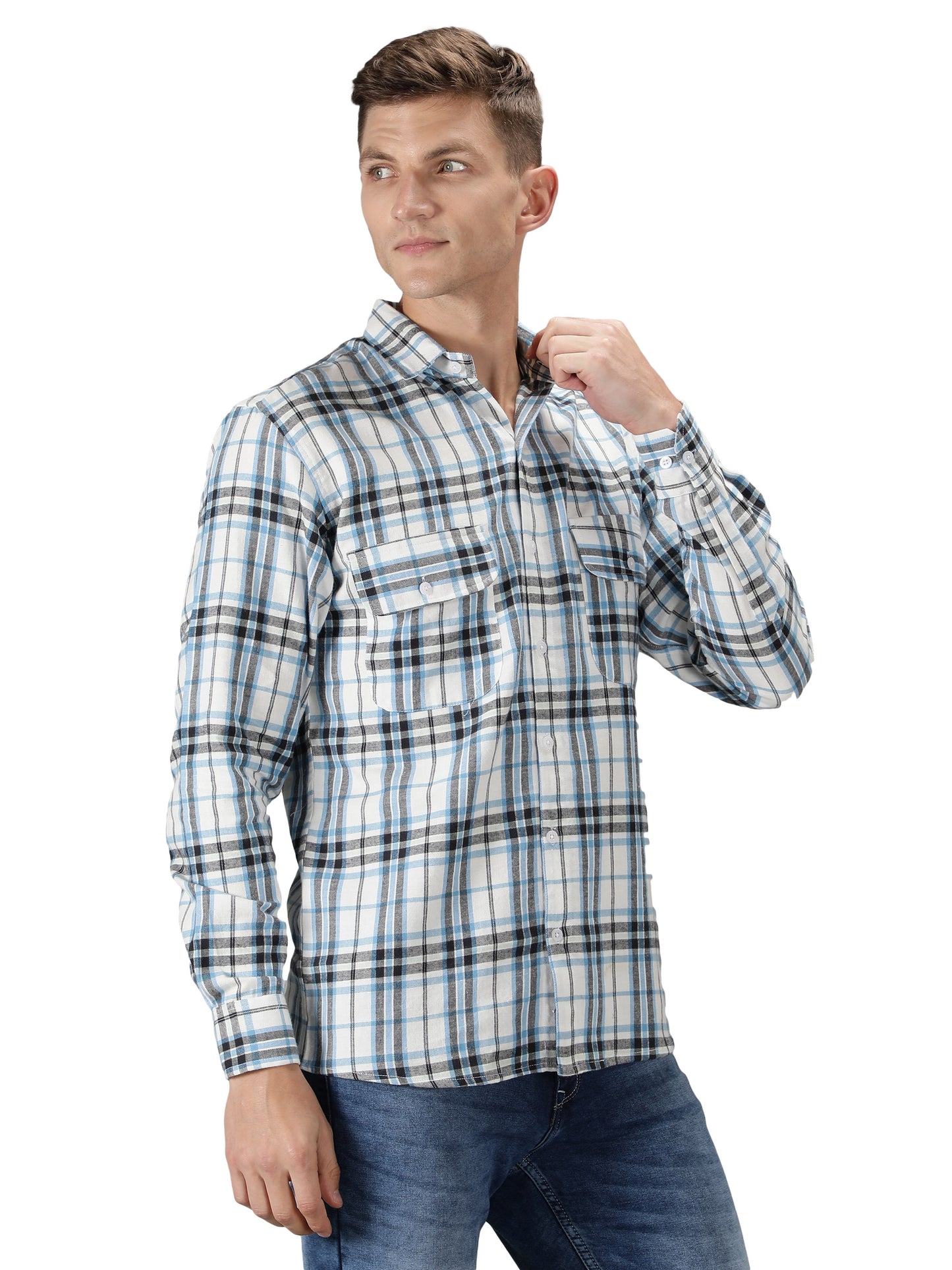 NUEVOSPORTA Pure Cotton Check Pattern Men's Full Sleeve Shirt_White/Blue
