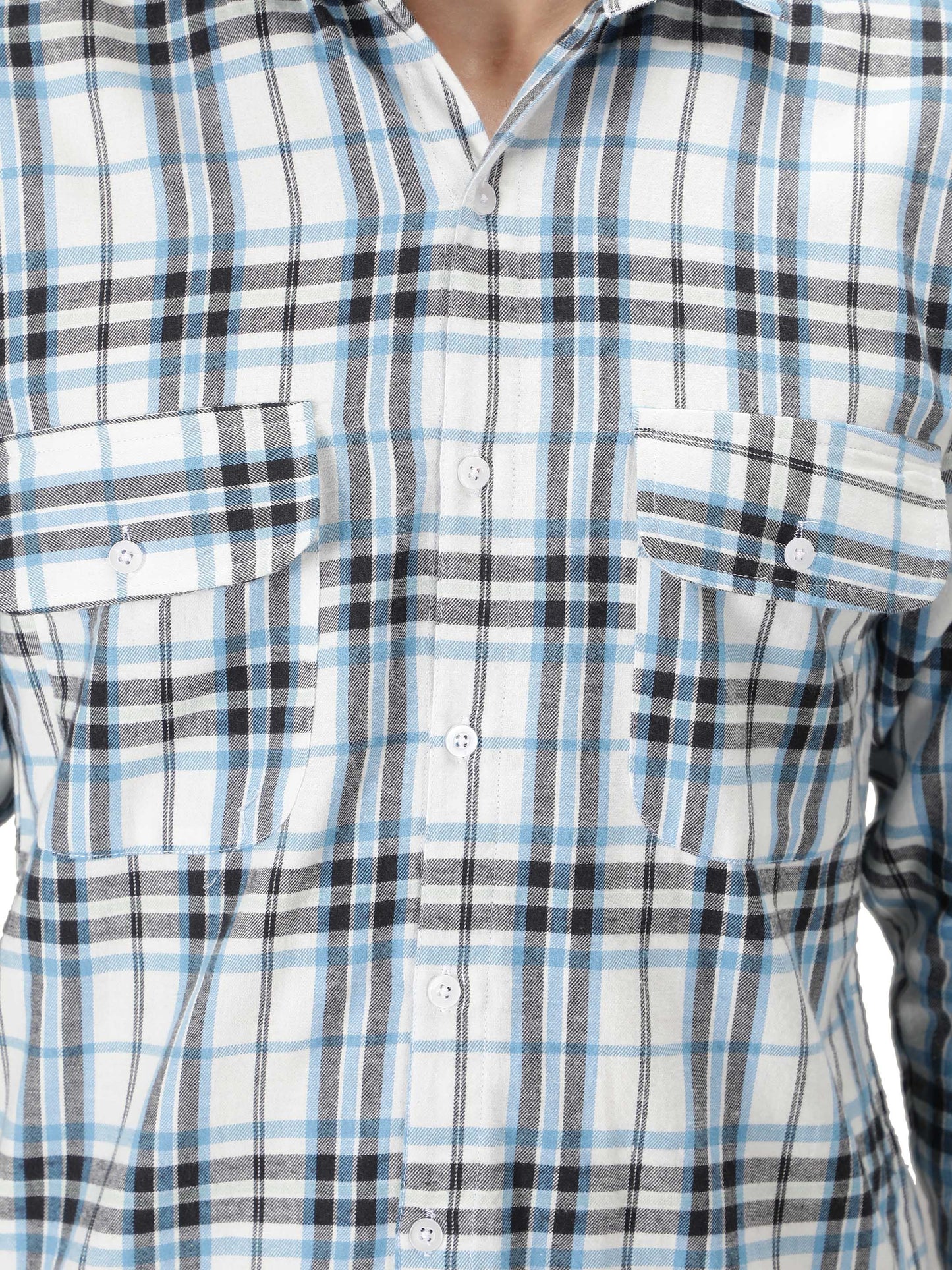 NUEVOSPORTA Pure Cotton Check Pattern Men's Full Sleeve Shirt_White/Blue