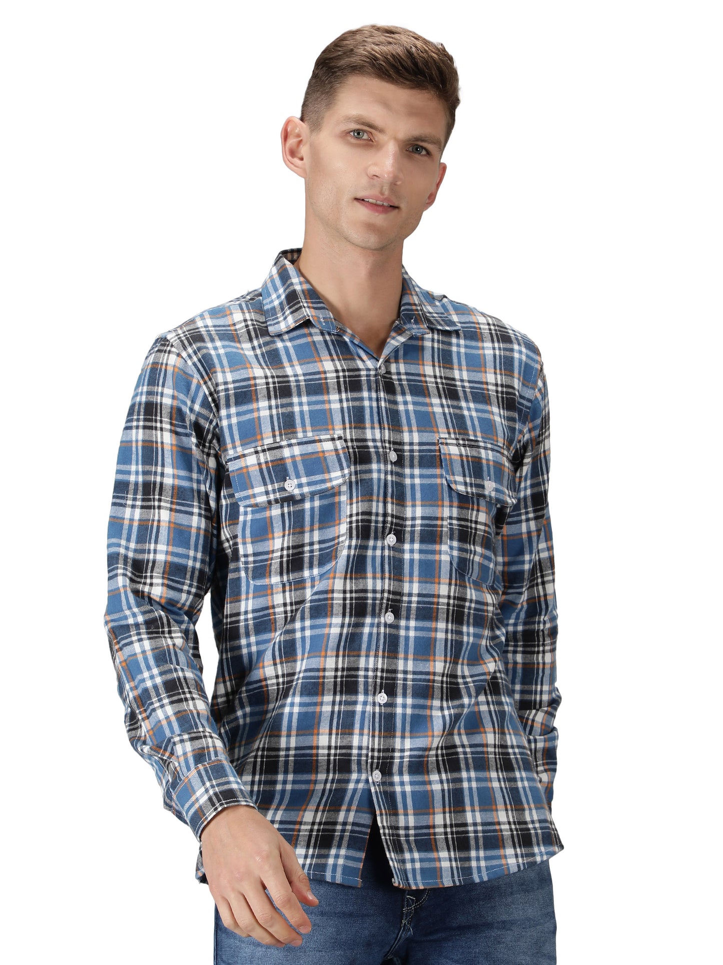 NUEVOSPORTA Pure Cotton Check Pattern Men's Full Sleeve Shirt_Blue/Black