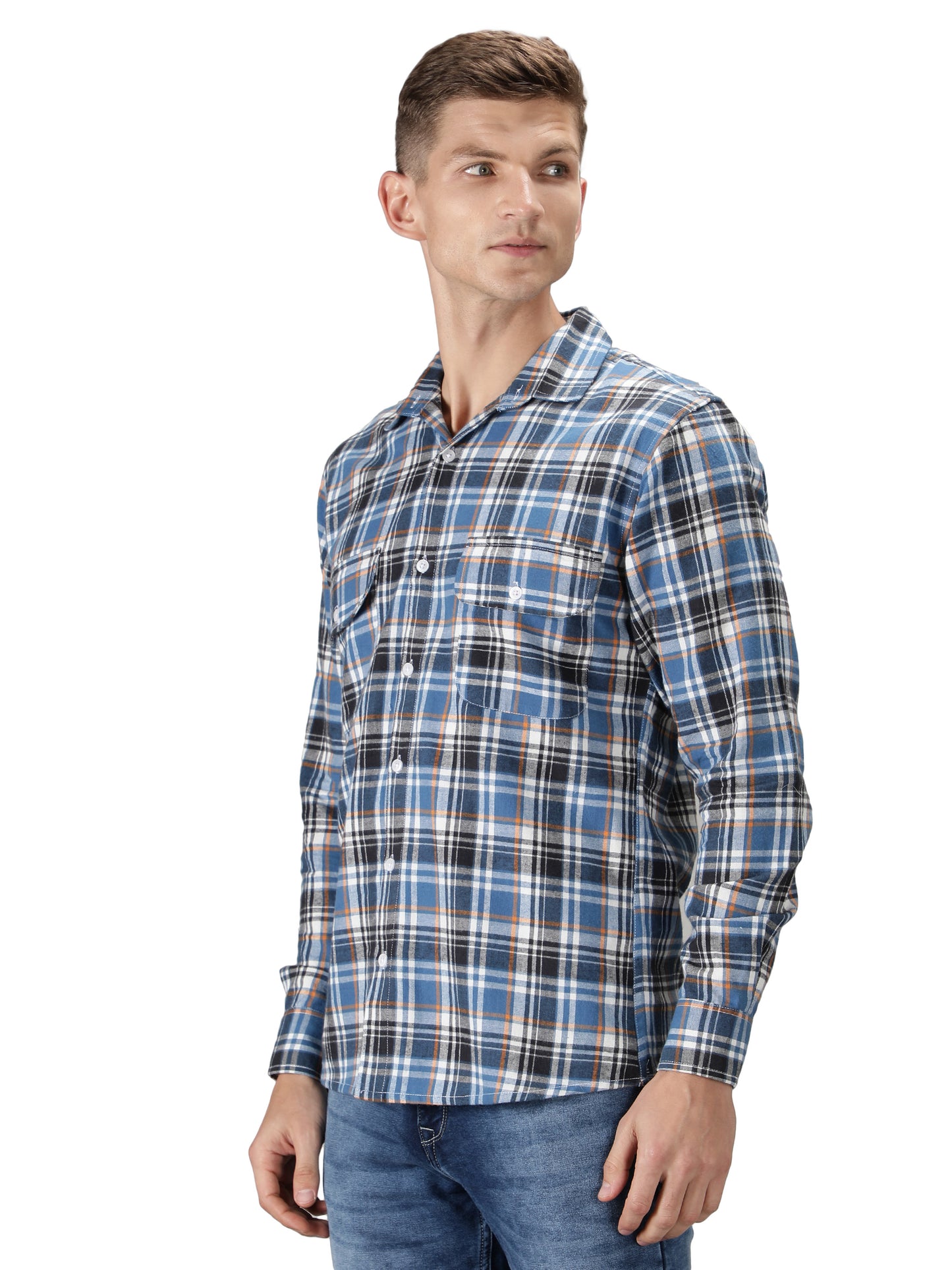 NUEVOSPORTA Pure Cotton Check Pattern Men's Full Sleeve Shirt_Blue/Black