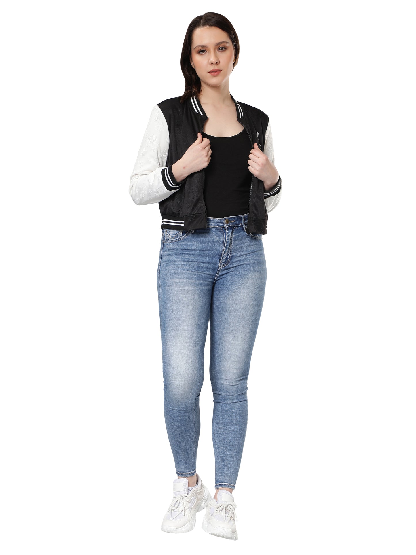 NUEVOSDAMAS Women Black Floral Embossed Printed Varsity Jacket