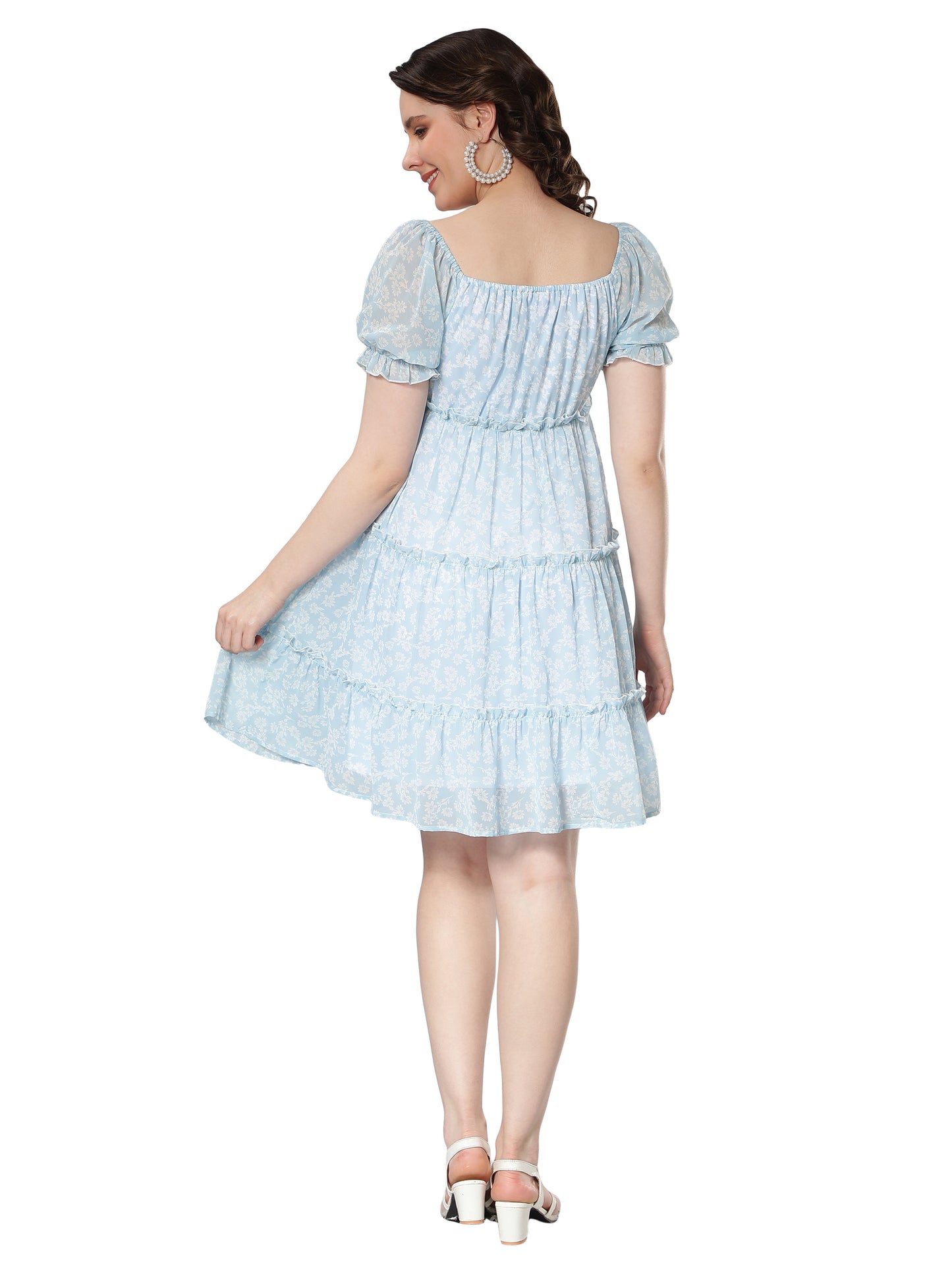 NUEVOSDAMAS Georgette Floral Printed Flare Midi Dress Light Blue