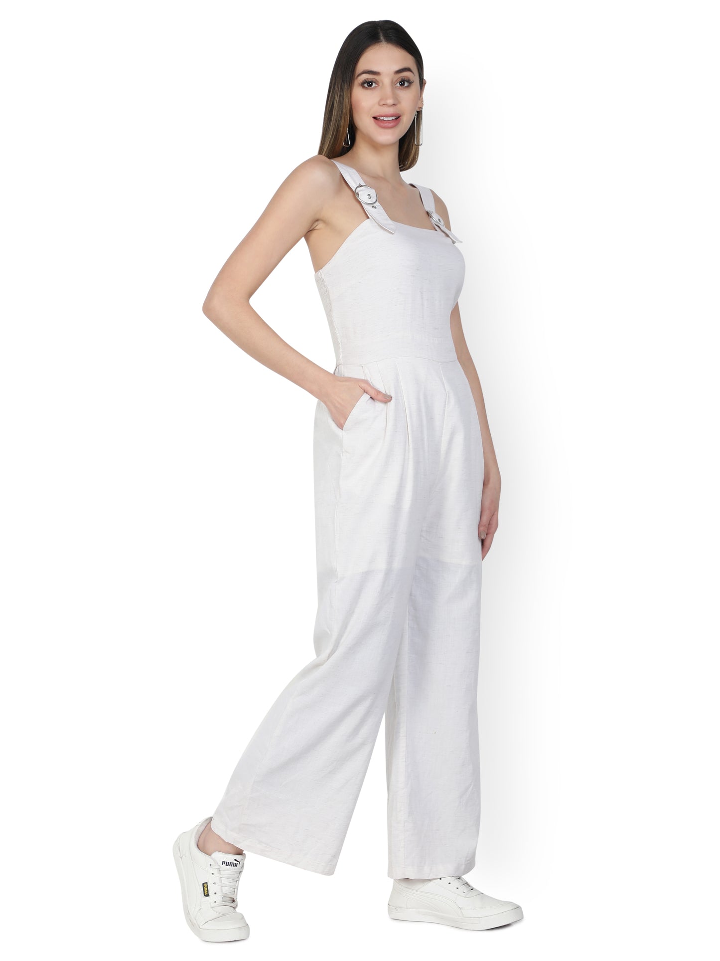 NUEVOSDAMAS Women Solid Cotton Linen Off White Jumpsuit