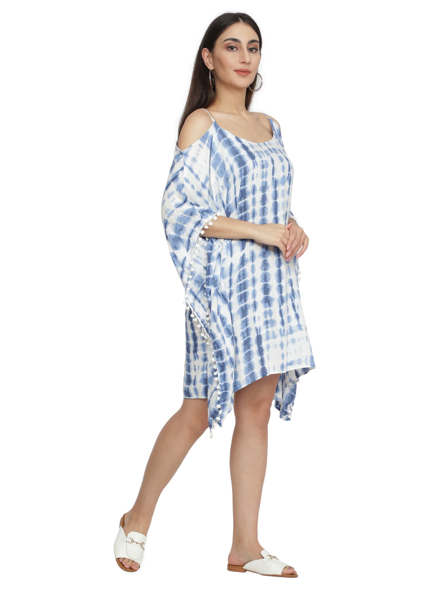 NUEVOSDAMAS Women Rayon Tie & Dye Kaftan | Beachwear Summer Kaftan |Shoulder Strap Designer Kaftan | Casual Kaftan for Women_ Blue/White