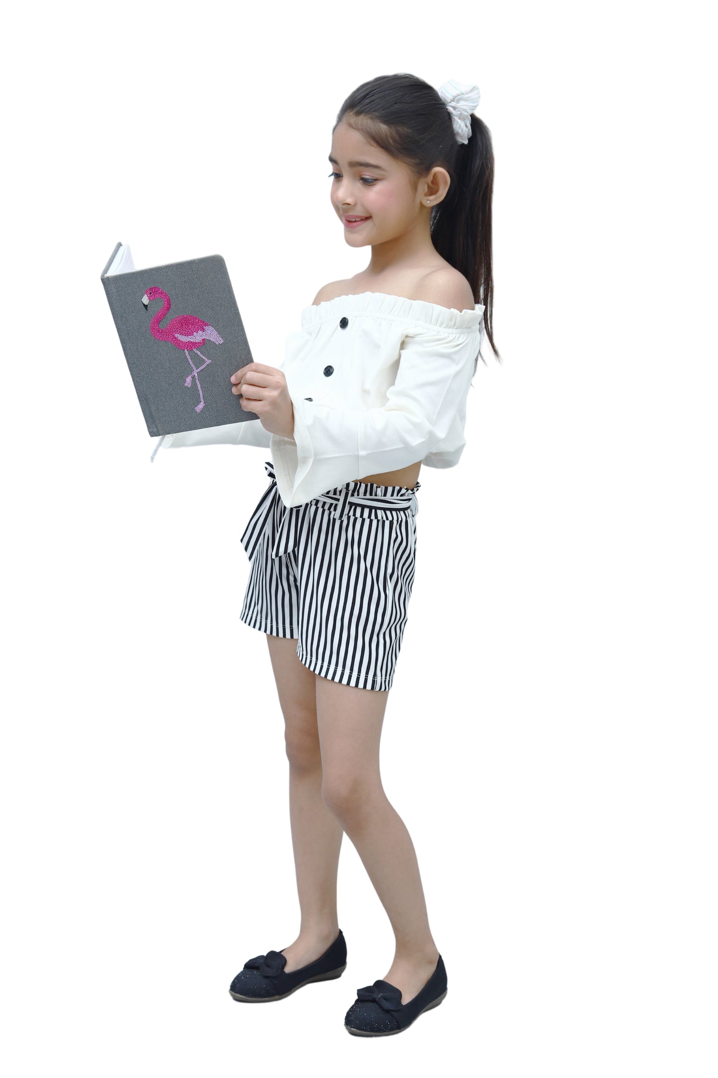 NUEVOSKIDDOS Pure Cotton Solid White Bell Sleeves Top & Stripes Printed Shorts Set for Kids
