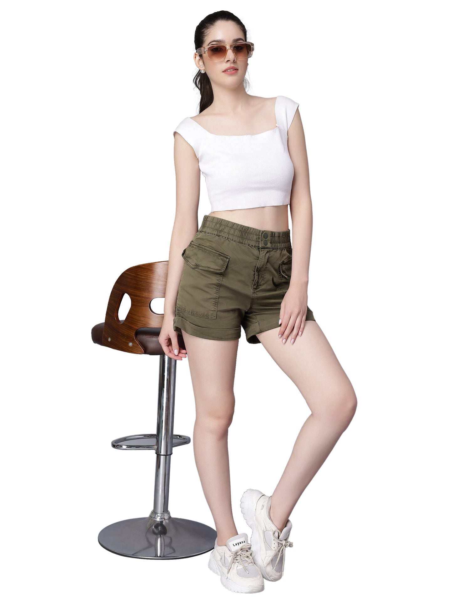 NUEVOSDAMAS Women Pure Cotton Cargo Yoga Shorts - Olive Green