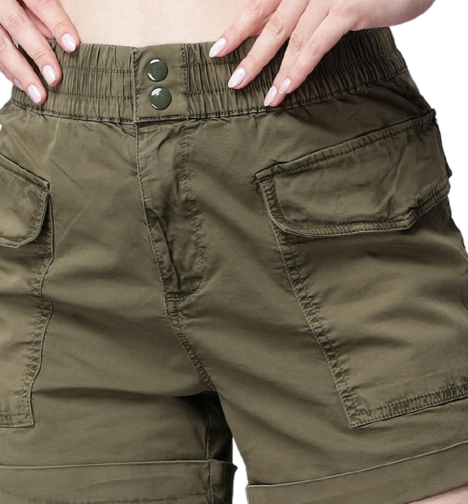 NUEVOSDAMAS Women Pure Cotton Cargo Yoga Shorts - Olive Green