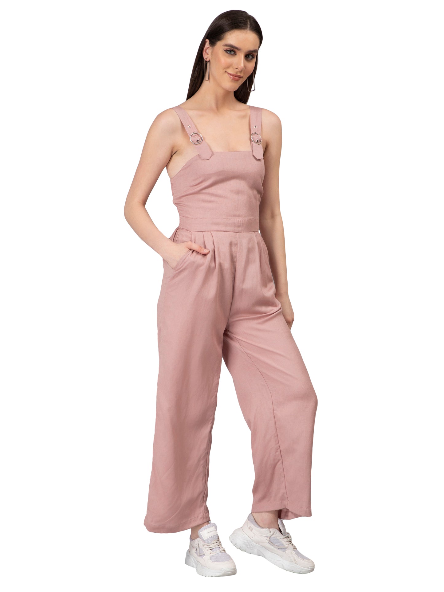 NUEVOSDAMAS Women Solid Cotton Linen Light Pink Jumpsuit