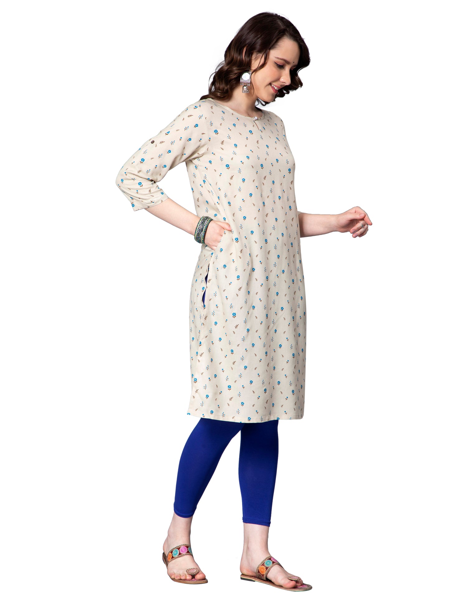 NUEVOSDAMAS Women Ditsy Printed Rayon Beige Kurti