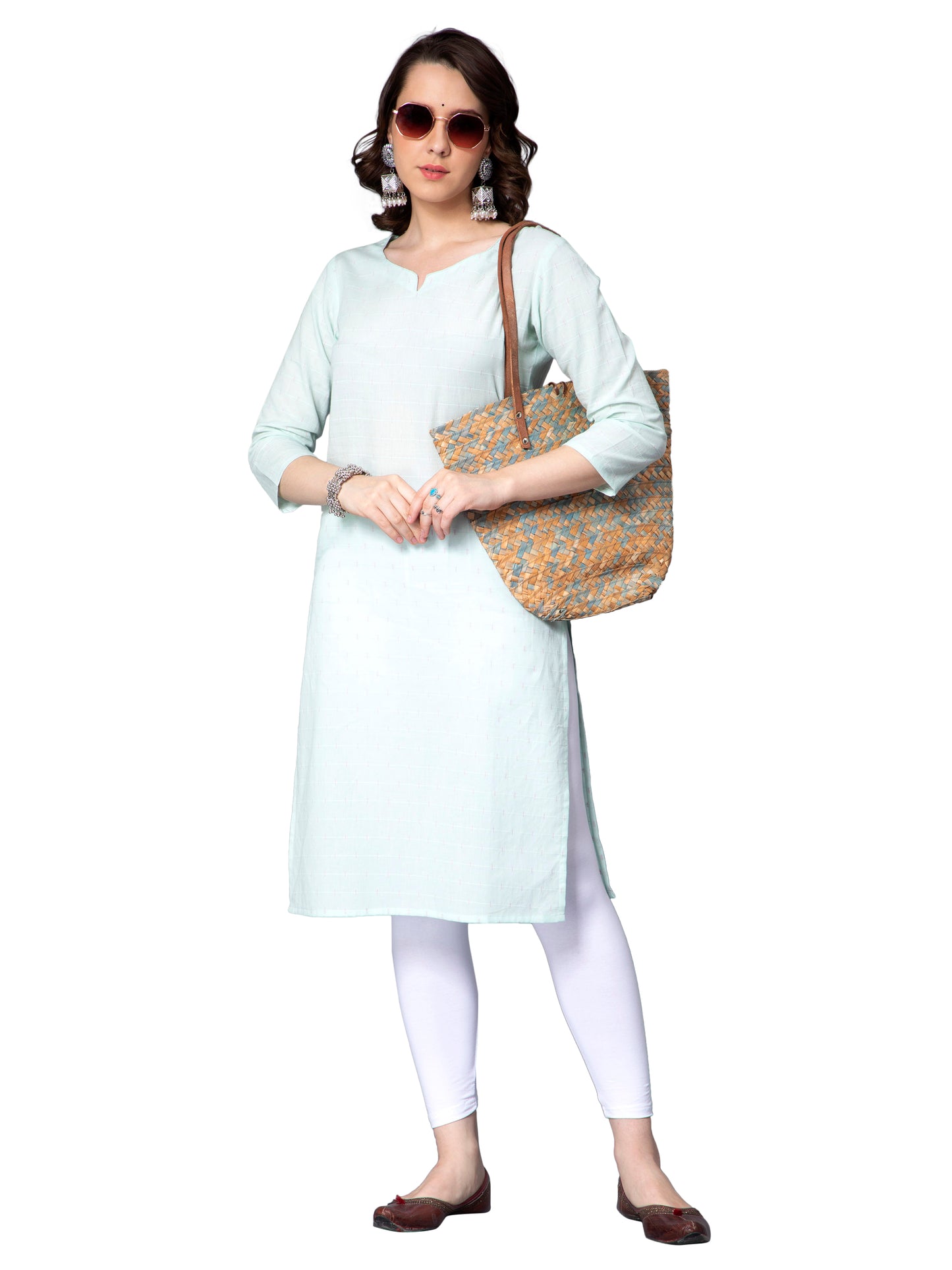 NUEVOSDAMAS Women Cotton Dobby Mint Kurti