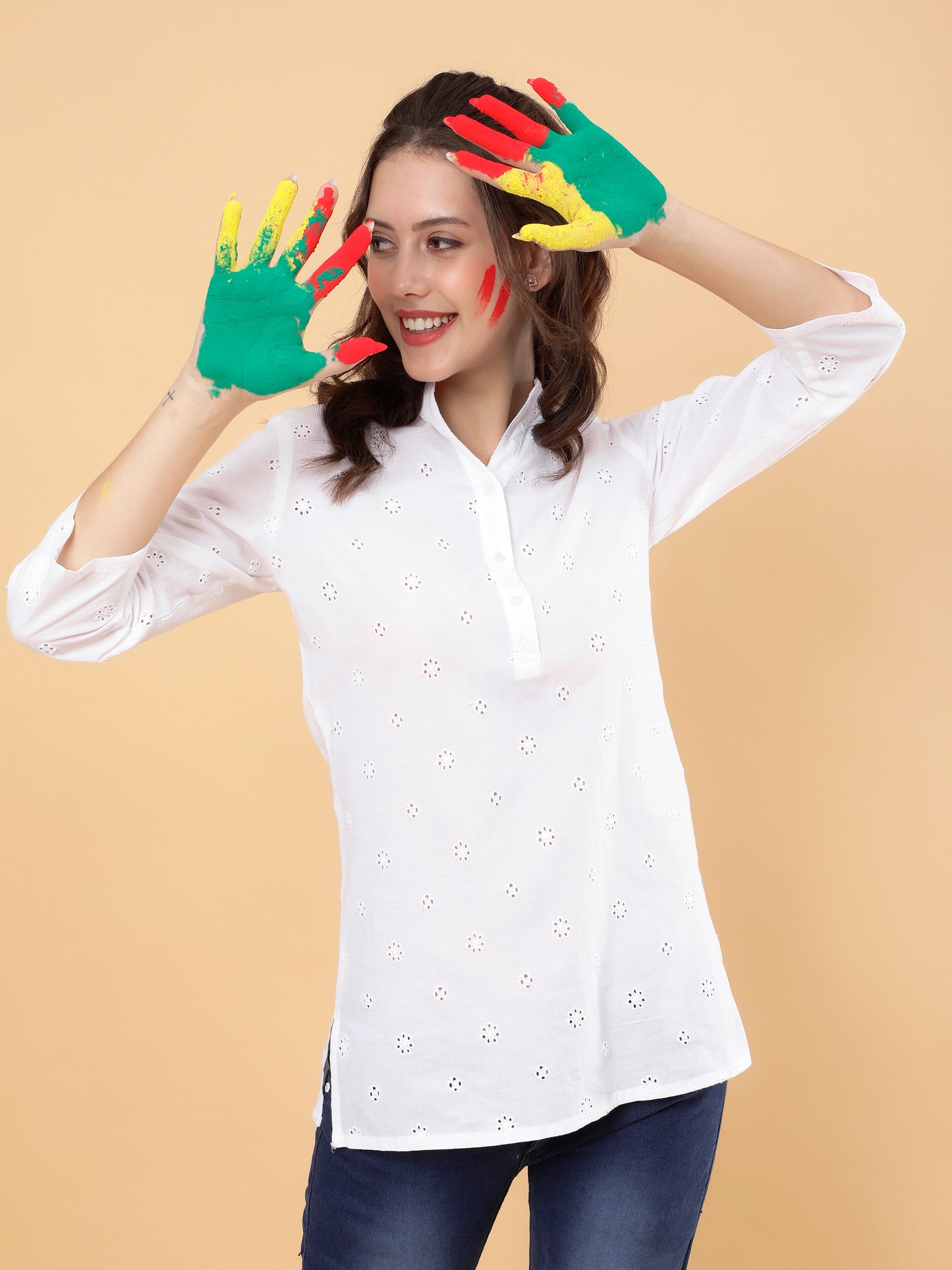 Elegant Cotton Solid Schiffli Short Kurta
