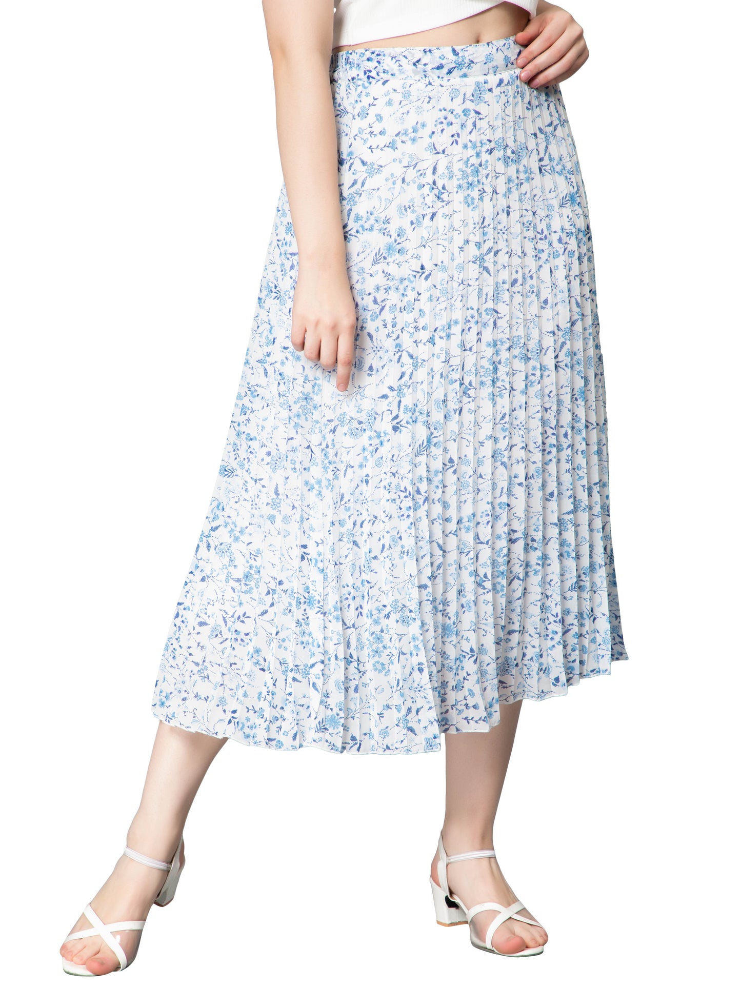 Women's Ditsy Floral Print High Waist Skirt Pleated A-line Long Skirt Beach Elasticated White/Blue Midi Skirt