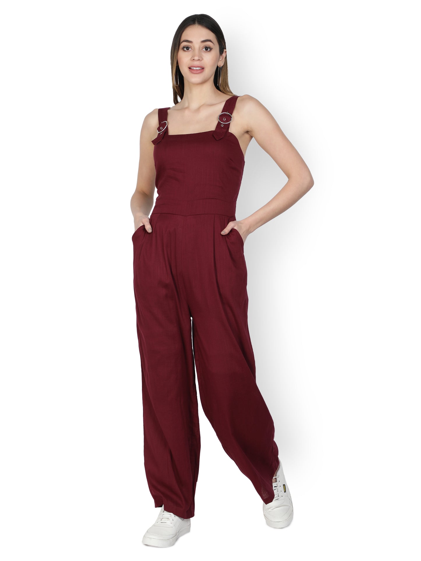 NUEVOSDAMAS Women Solid Cotton Linen Maroon Jumpsuit