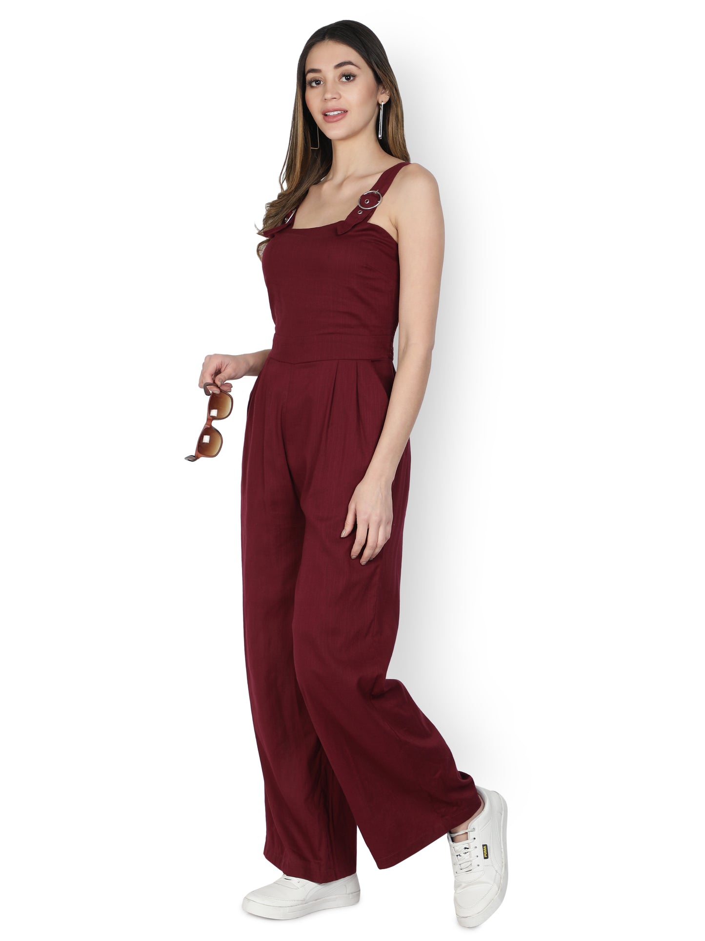 NUEVOSDAMAS Women Solid Cotton Linen Maroon Jumpsuit