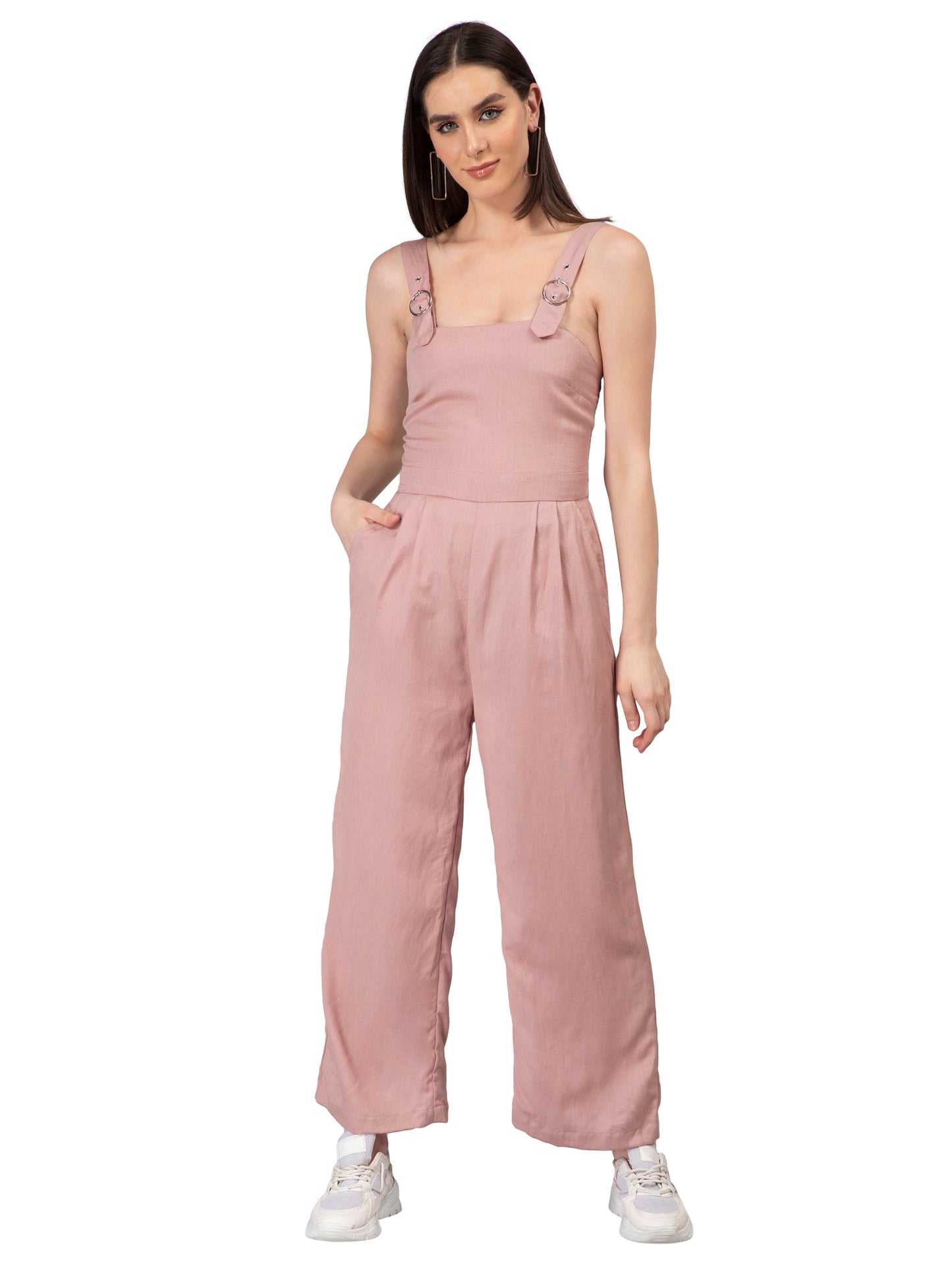 NUEVOSDAMAS Women Solid Cotton Linen Light Pink Jumpsuit