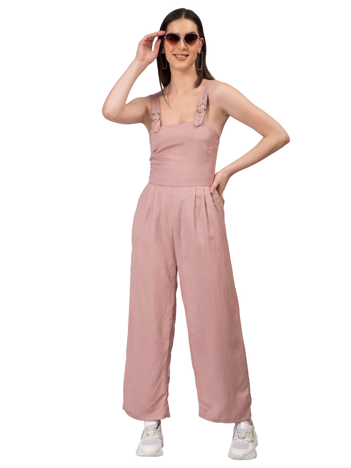 NUEVOSDAMAS Women Solid Cotton Linen Light Pink Jumpsuit