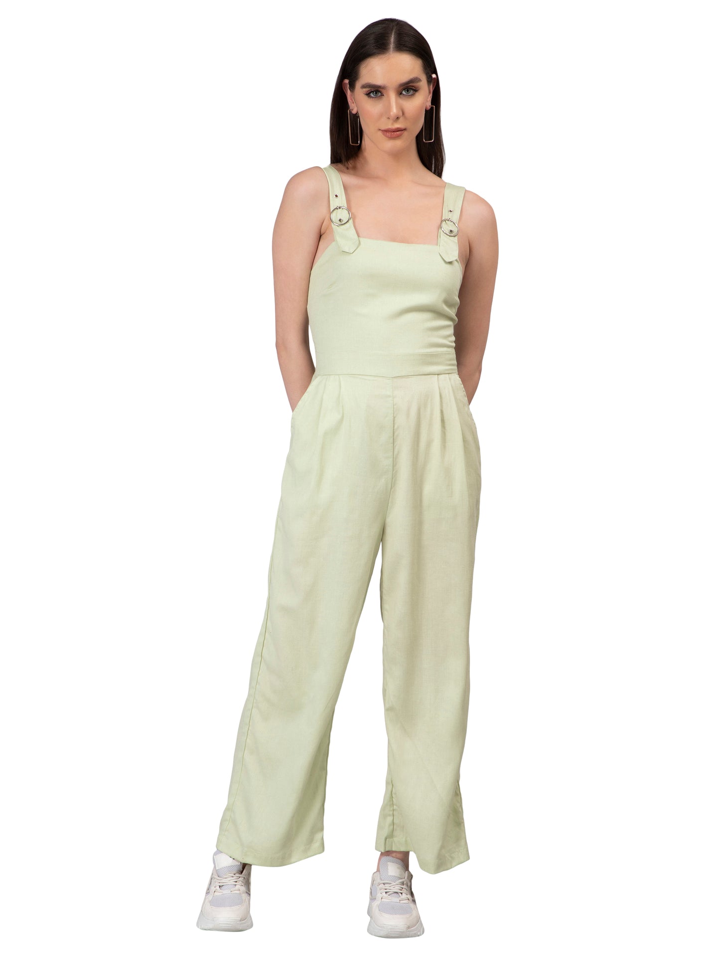 NUEVOSDAMAS Women Solid Cotton Linen Mint Green Jumpsuit