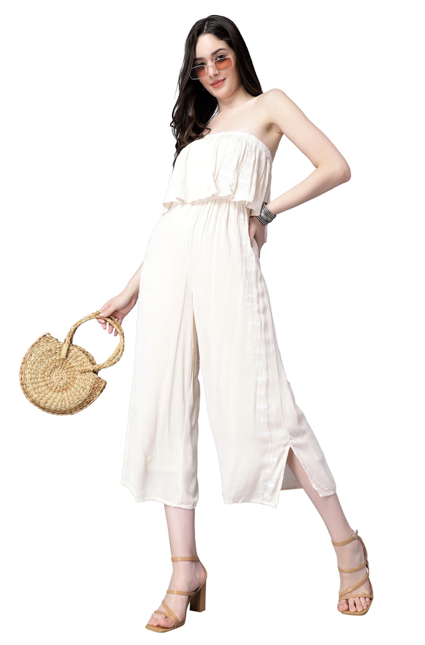 NUEVOSDAMAS Women Off- Shoulder Embroidered Jumpsuit