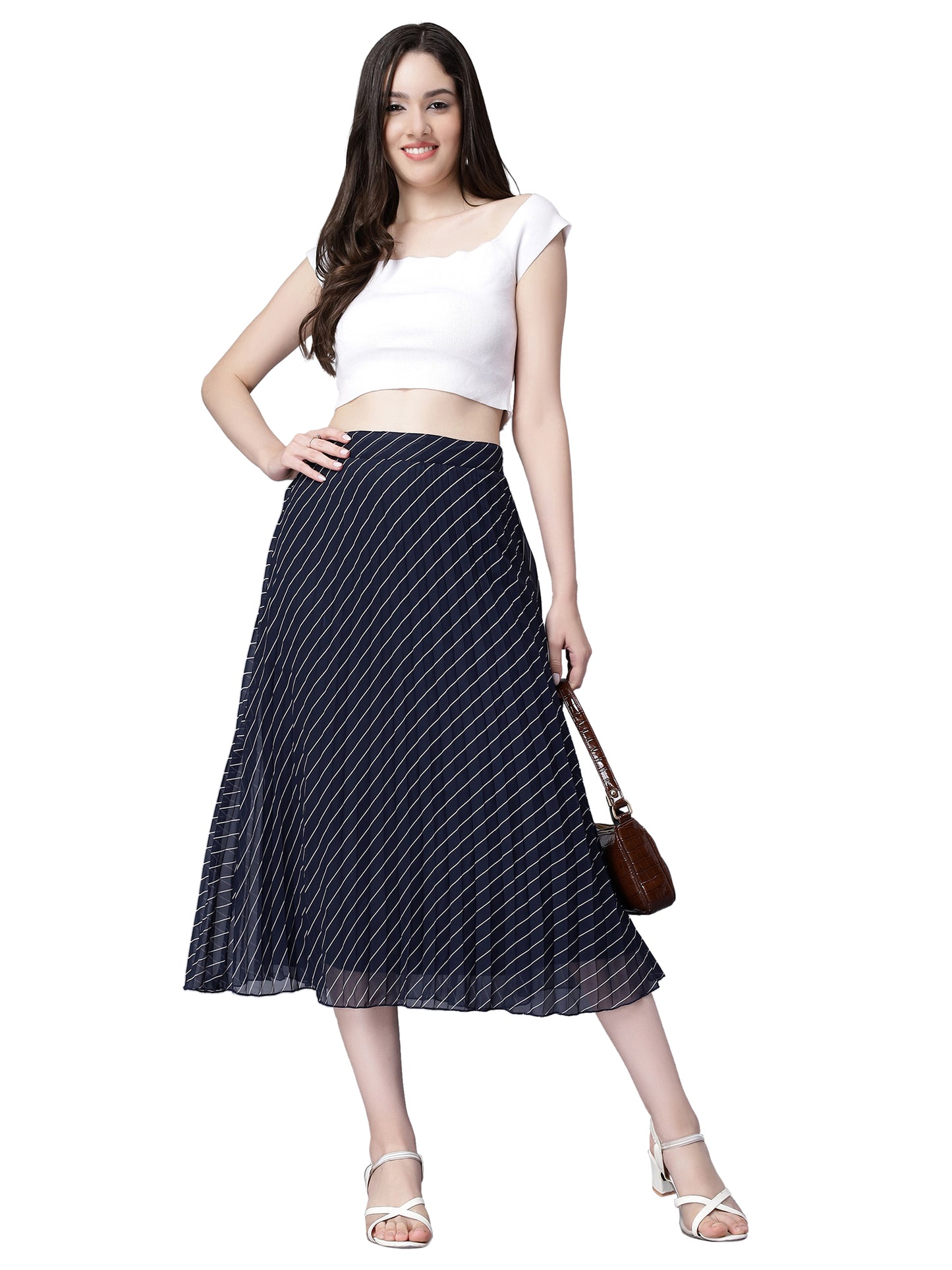 Women's Stripe Print High Waist Skirt Pleated A-line Long Skirt Beach Elasticated Navy Blue Midi Skirt
