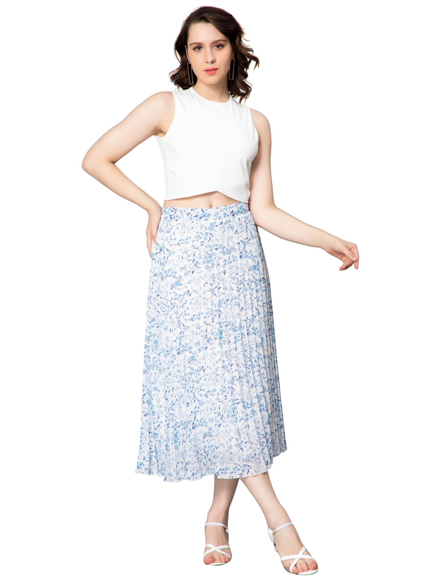 Women's Ditsy Floral Print High Waist Skirt Pleated A-line Long Skirt Beach Elasticated White/Blue Midi Skirt