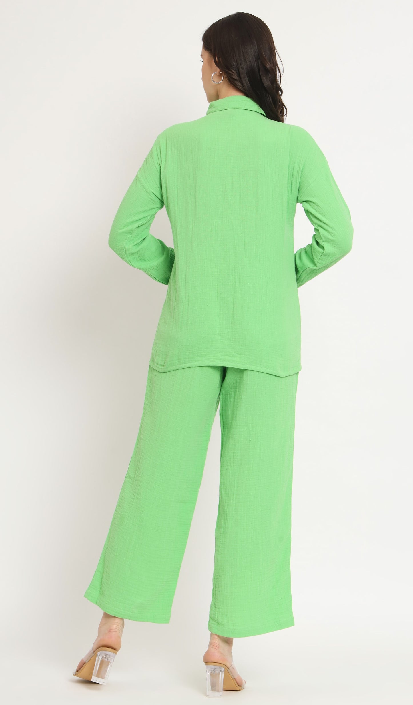NUEVOSDAMAS Women Pure Cotton Muslin Solid Lime Shirt & Trousers co-ord Set