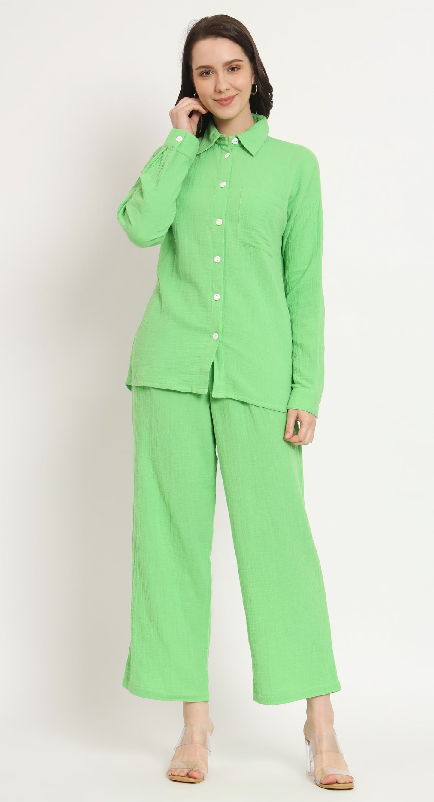 NUEVOSDAMAS Women Pure Cotton Muslin Solid Lime Shirt & Trousers co-ord Set
