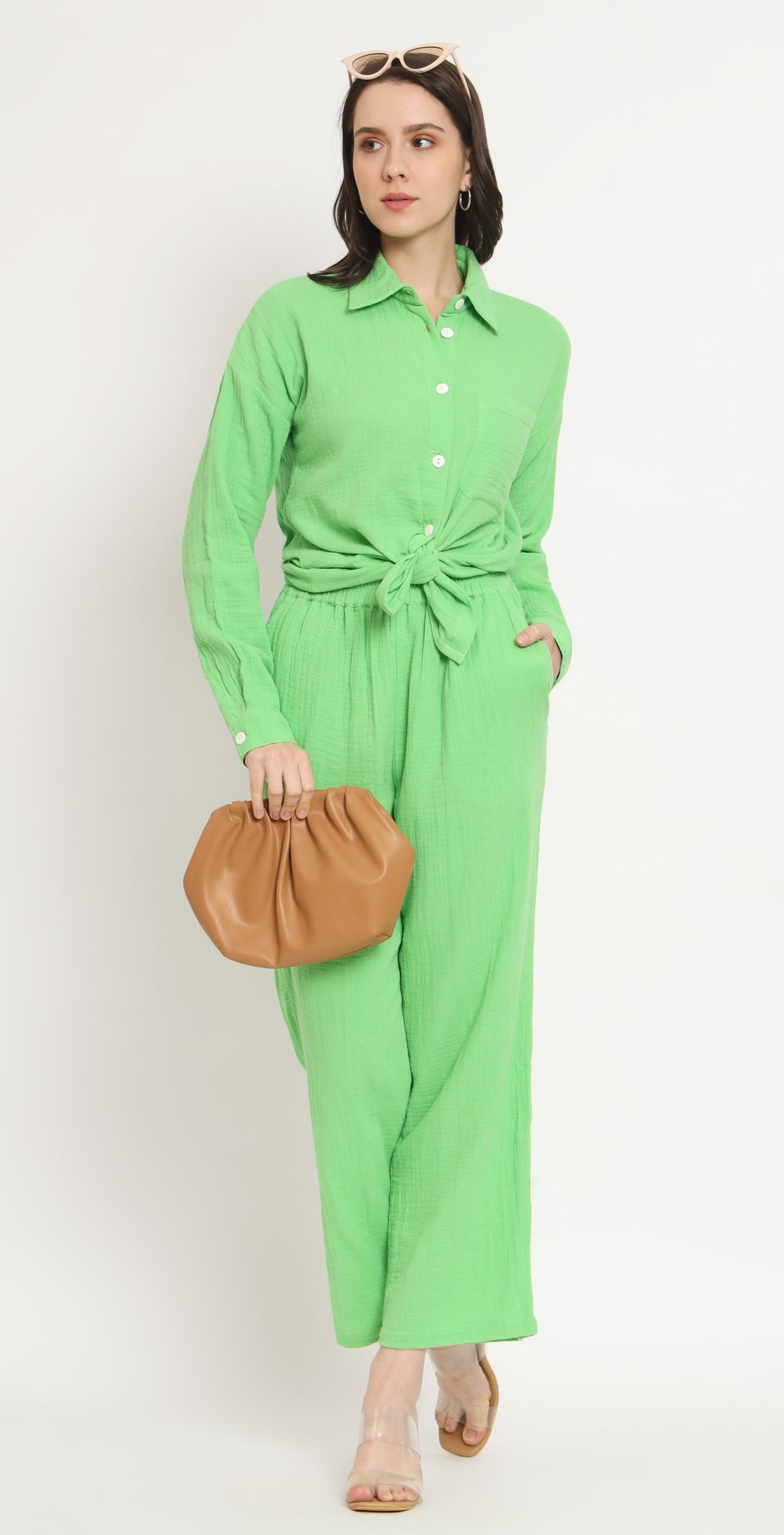 NUEVOSDAMAS Women Pure Cotton Muslin Solid Lime Shirt & Trousers co-ord Set