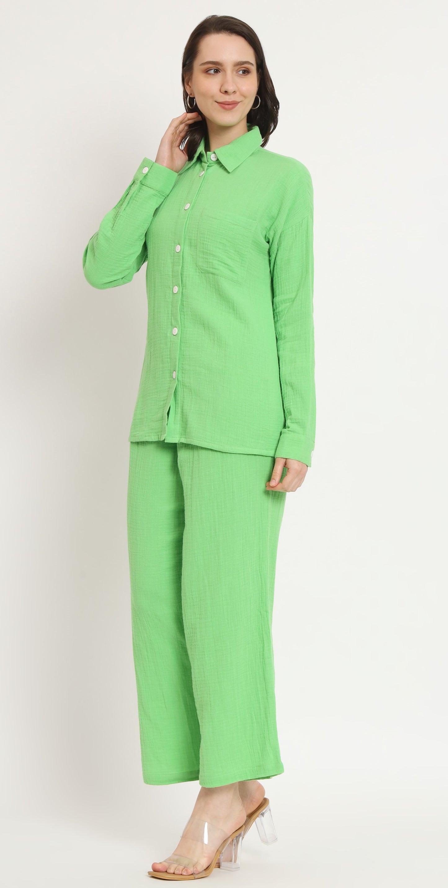 NUEVOSDAMAS Women Pure Cotton Muslin Solid Lime Shirt & Trousers co-ord Set