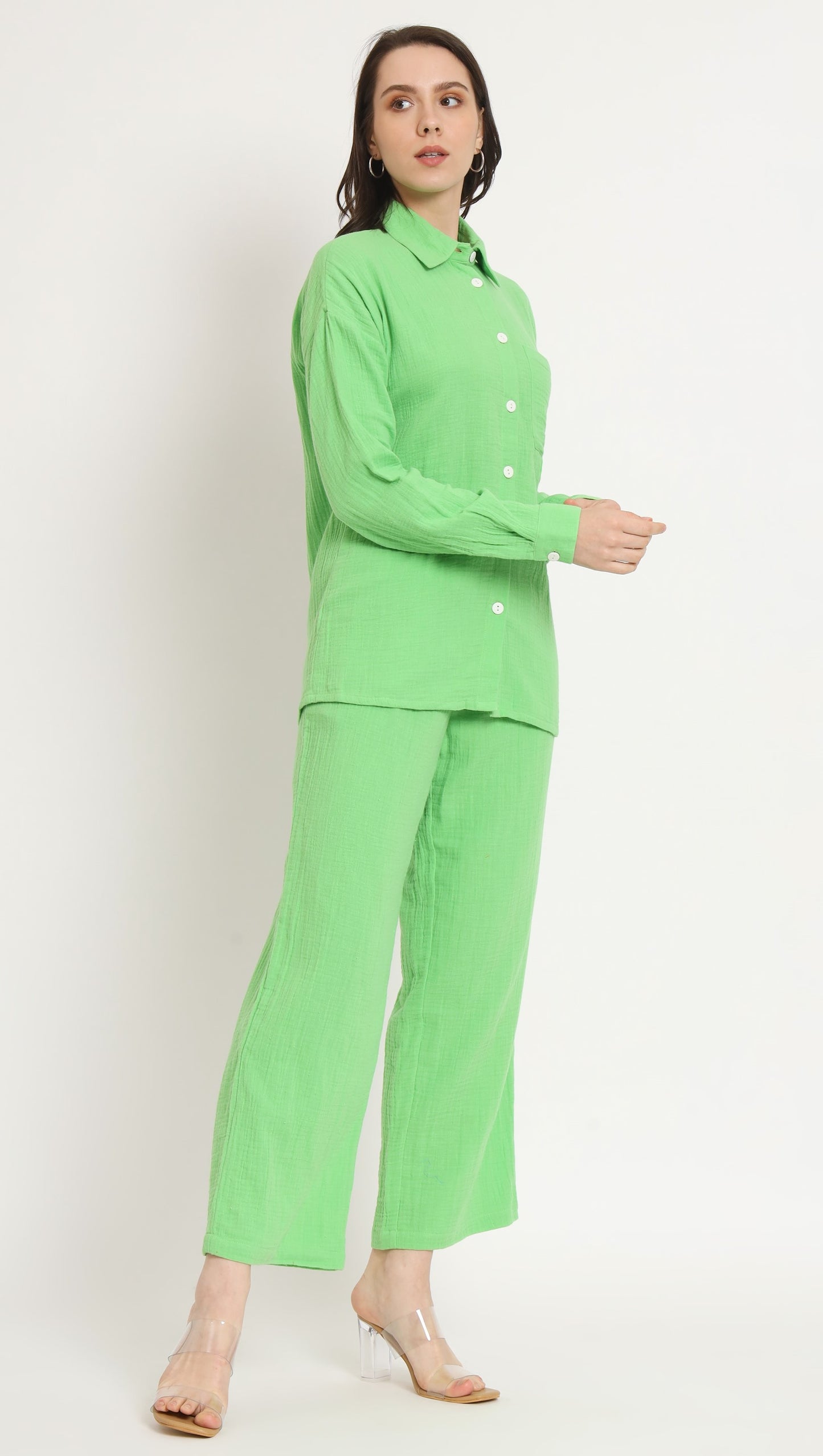 NUEVOSDAMAS Women Pure Cotton Muslin Solid Lime Shirt & Trousers co-ord Set
