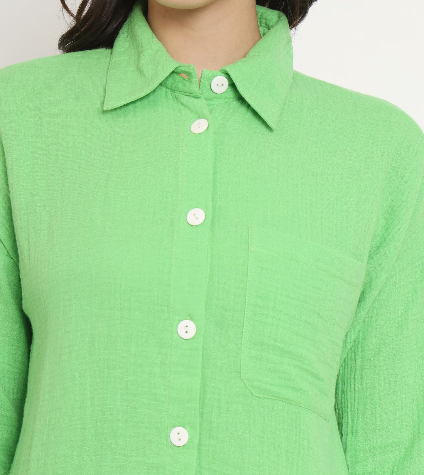 NUEVOSDAMAS Women Pure Cotton Muslin Solid Lime Shirt & Trousers co-ord Set