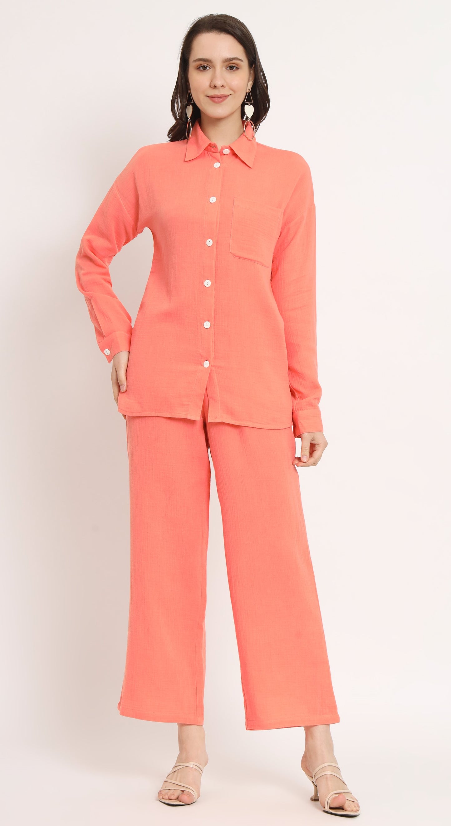 NUEVOSDAMAS Women Pure Cotton Muslin Solid Peach Shirt & Trousers co-ord Set