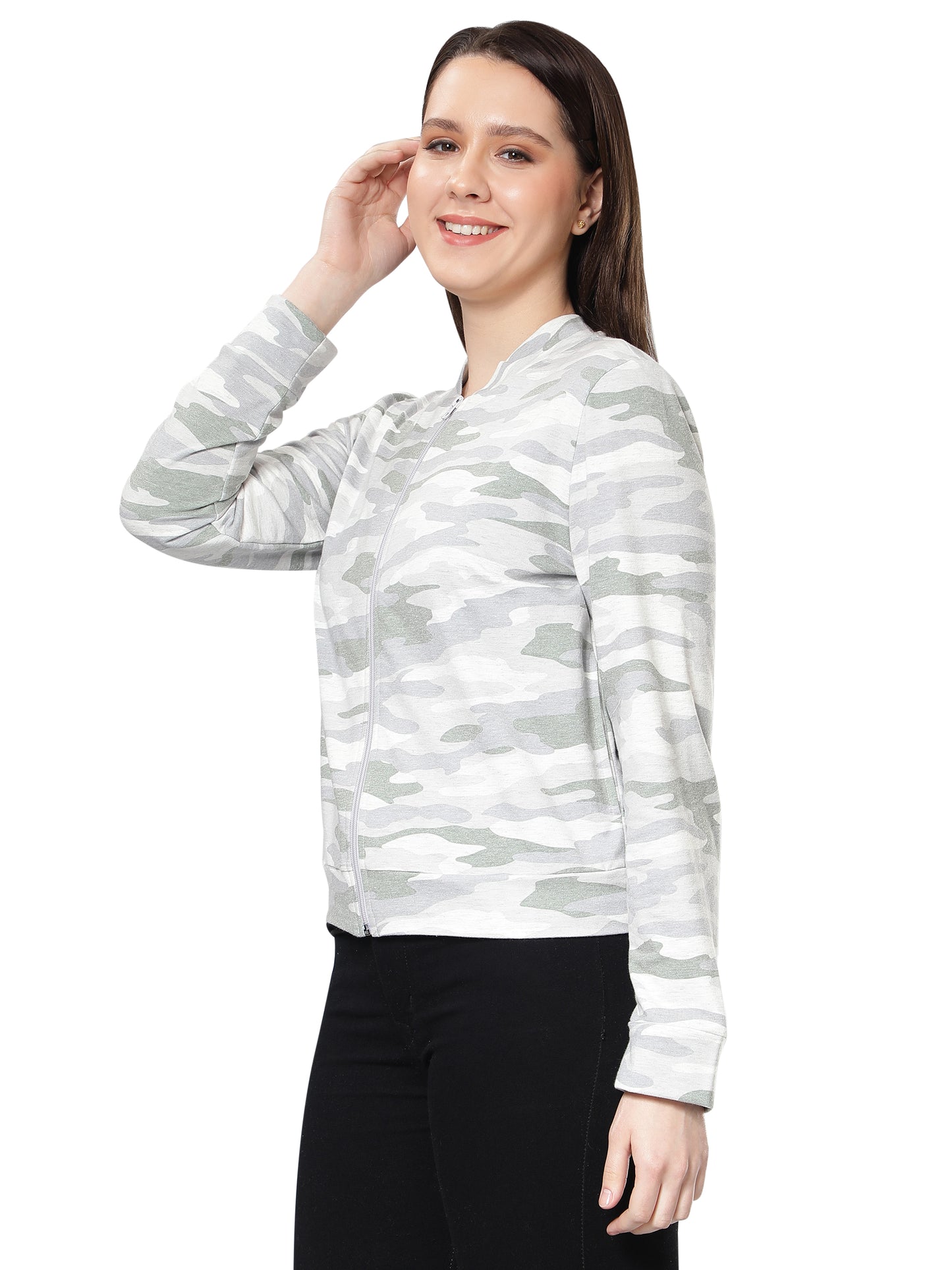 Women Camouflage Printed Grey Jacket