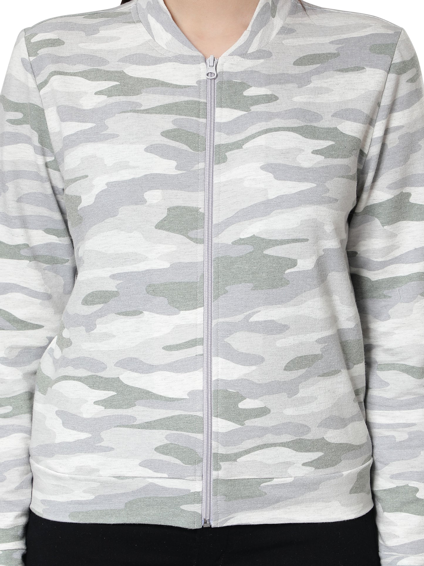 Women Camouflage Printed Grey Jacket