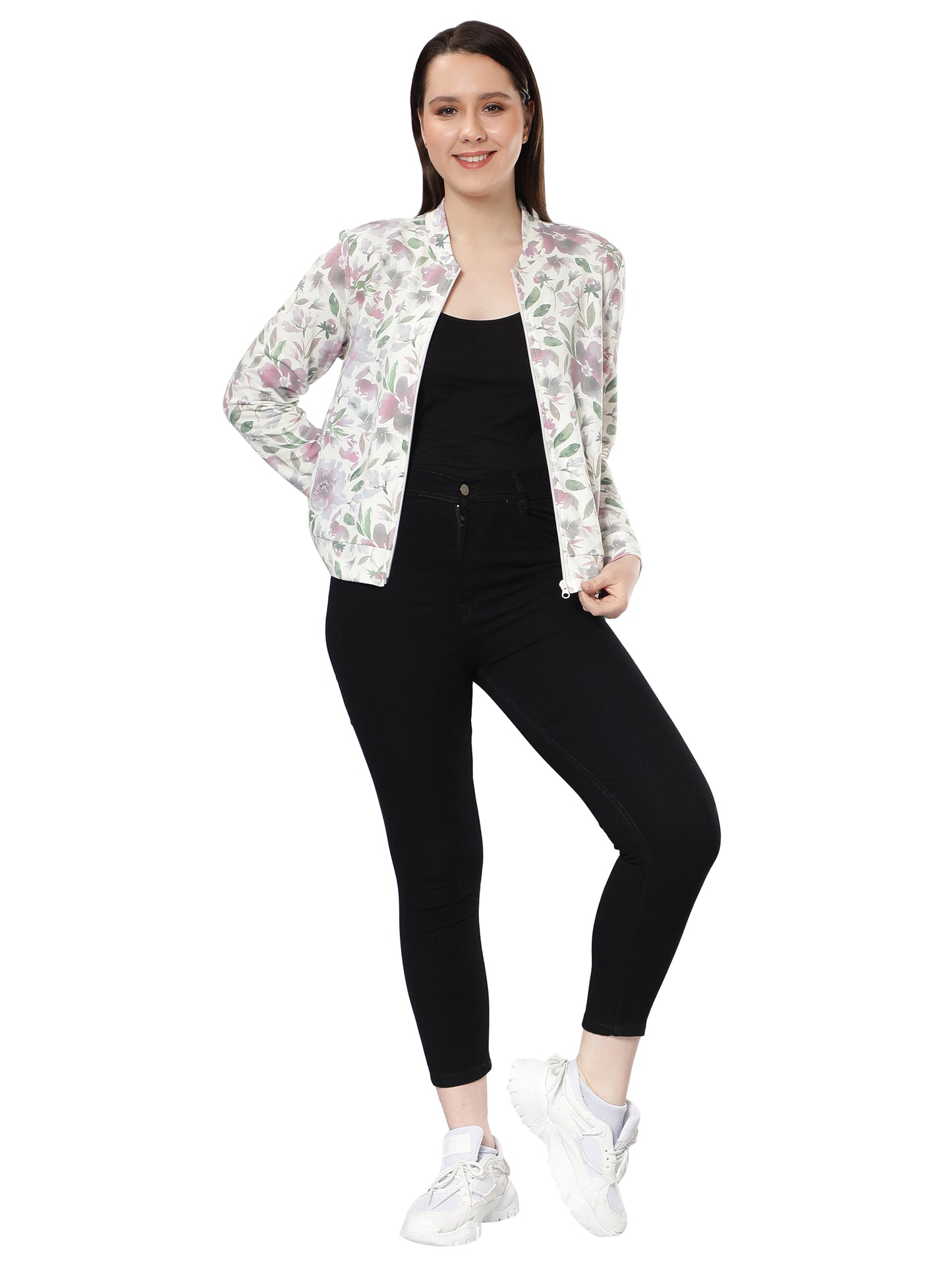 Women Floral Printed Off White Jacket